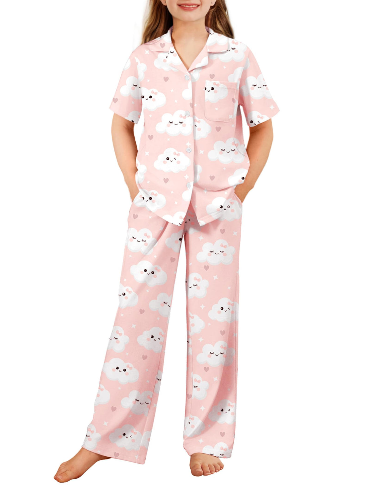 Arshiner Pajamas for Girls Short Sleeve Long Pants Sleepwear Button Pjs Set