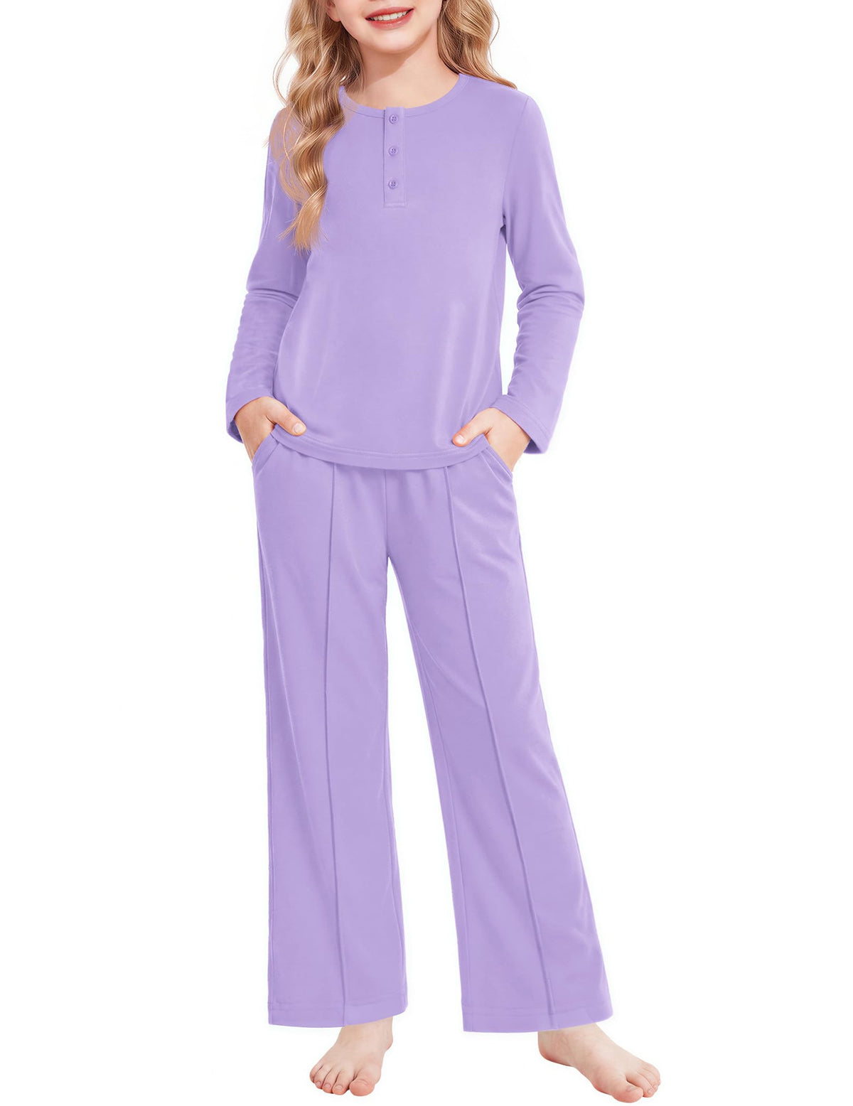 Arshiner Girls Pajamas Long Sleeve Sleepwear Comfy Henley Neck Pjs Set