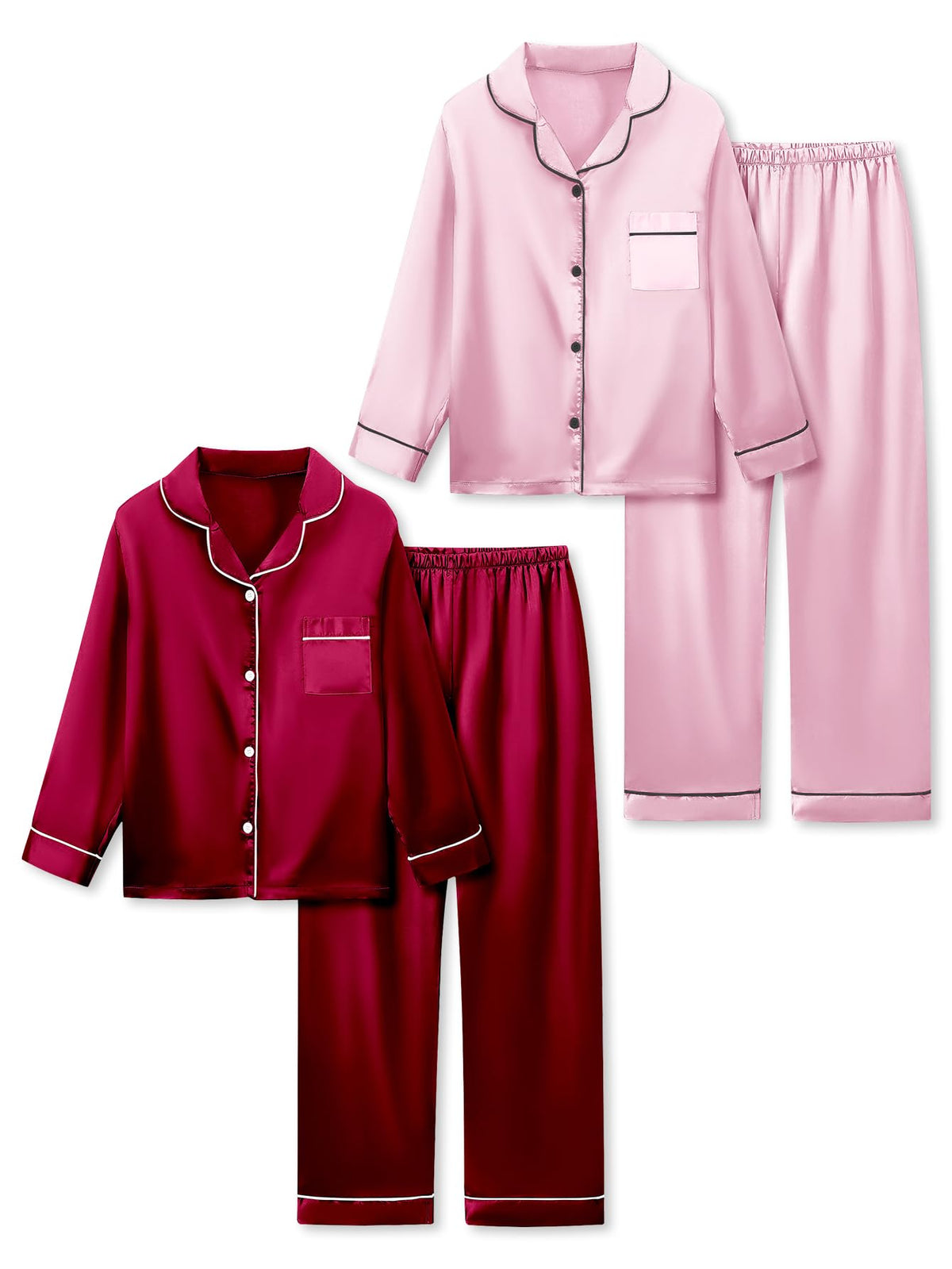 Satin Pajamas for Girls, 4-Piece Long Sleeve Silky Button Down PJ Set