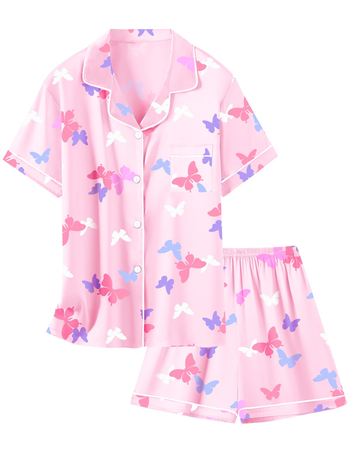 Schbbbta Girls Womens Pajamas, Satin Silky Pjs Set Kids 2Pcs Button-Down Nightwear Sleepwear Gift for Mommy and me
