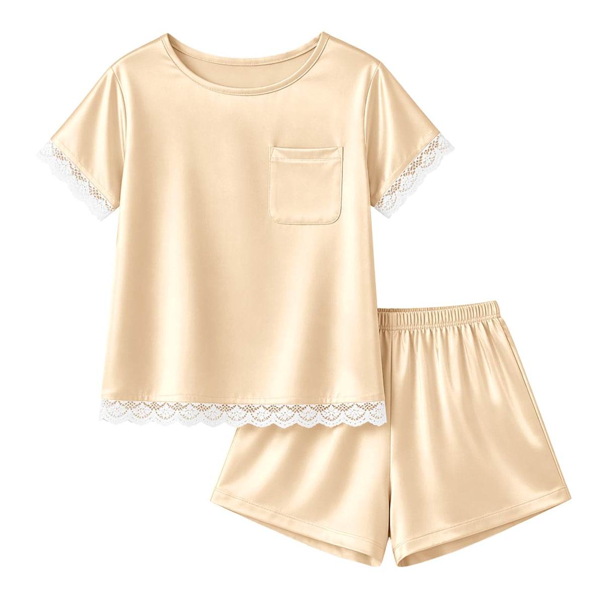 rrhss Girls Silk Satin Pajamas Kids Lace Trim Short Sleeve Shirt and Shorts Pajama Set Pjs Sleepwear 5-14Y