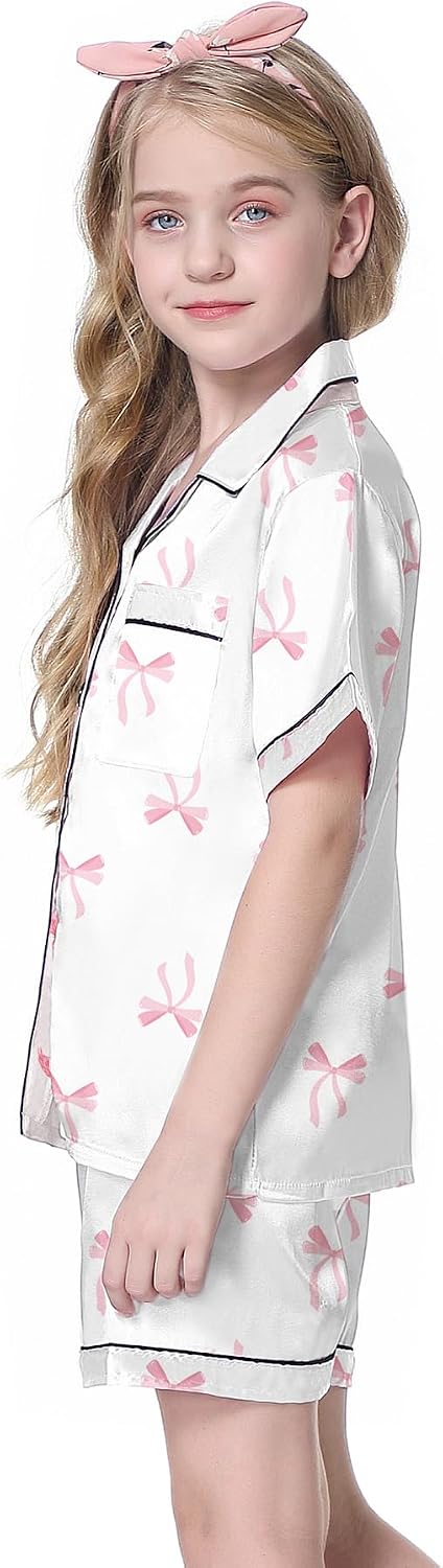 Schbbbta Girls Womens Pajamas, Satin Silky Pjs Set Kids 2Pcs Button-Down Nightwear Sleepwear Gift for Mommy and me