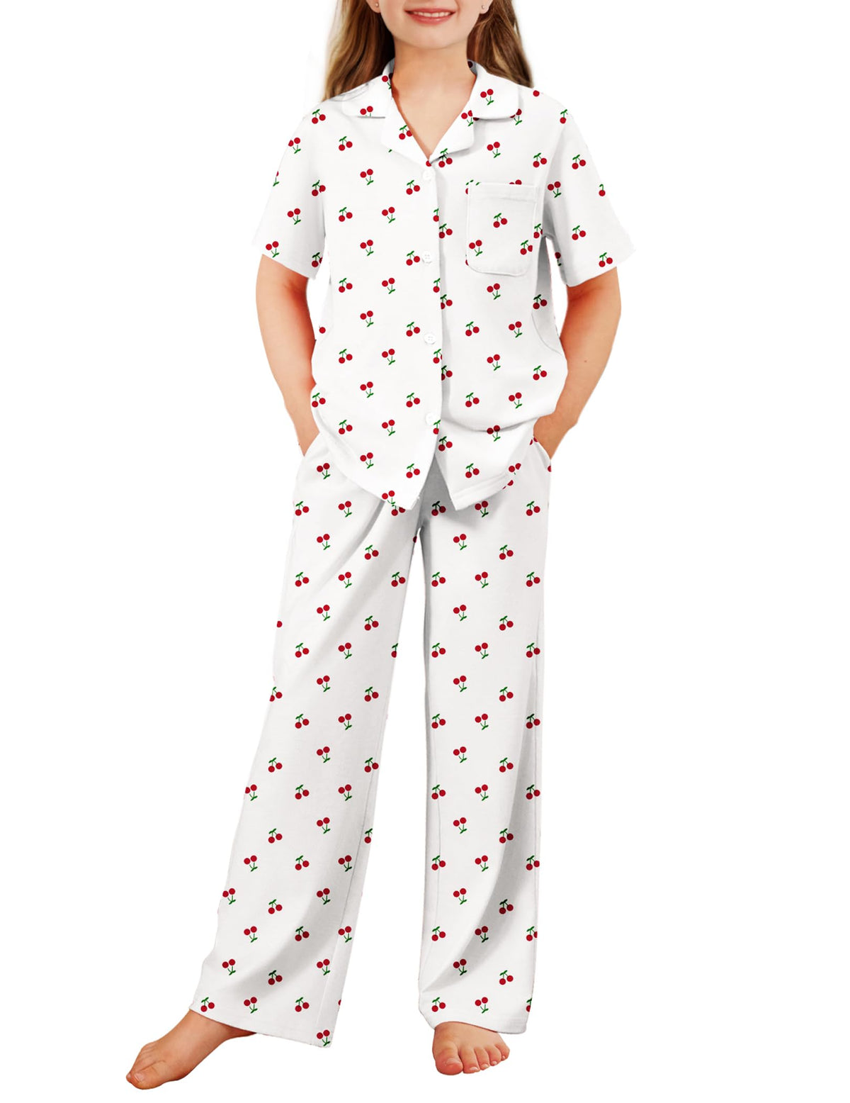 Arshiner Pajamas for Girls Short Sleeve Long Pants Sleepwear Button Pjs Set