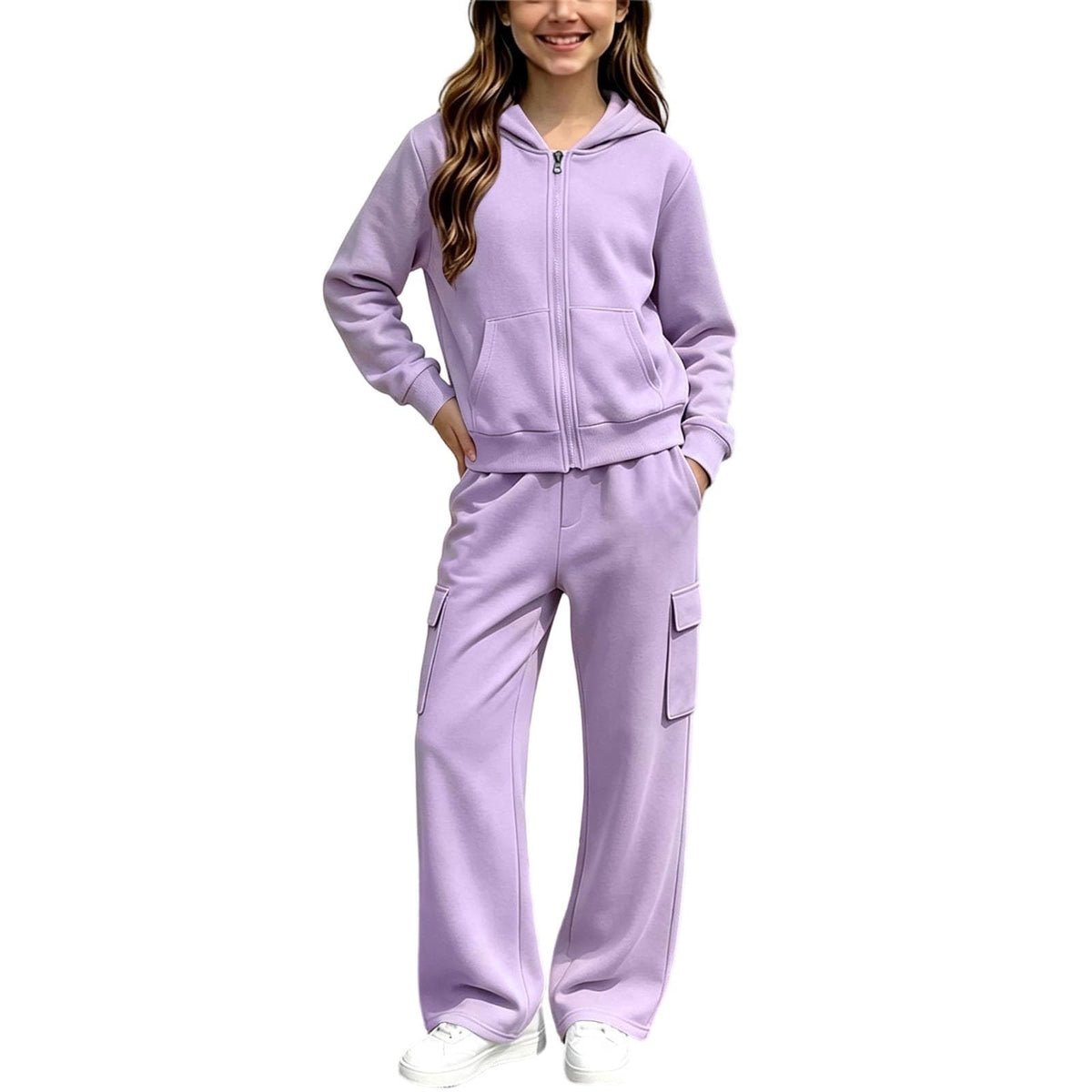 Girls Sweatsuit Fall Winter Zip Up Hoodie And Cargo Sweatpant Set Cozy Wear