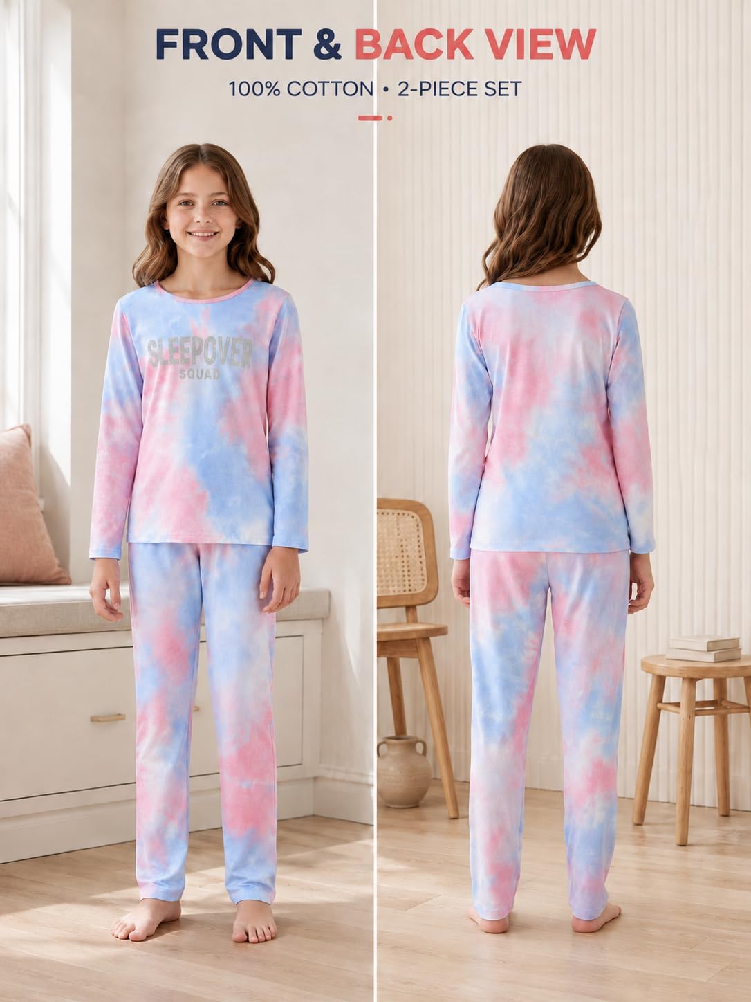 Beezizac Girls' 100% Cotton Pajama Set, Tie-Dye with Various Prints, 4T–18