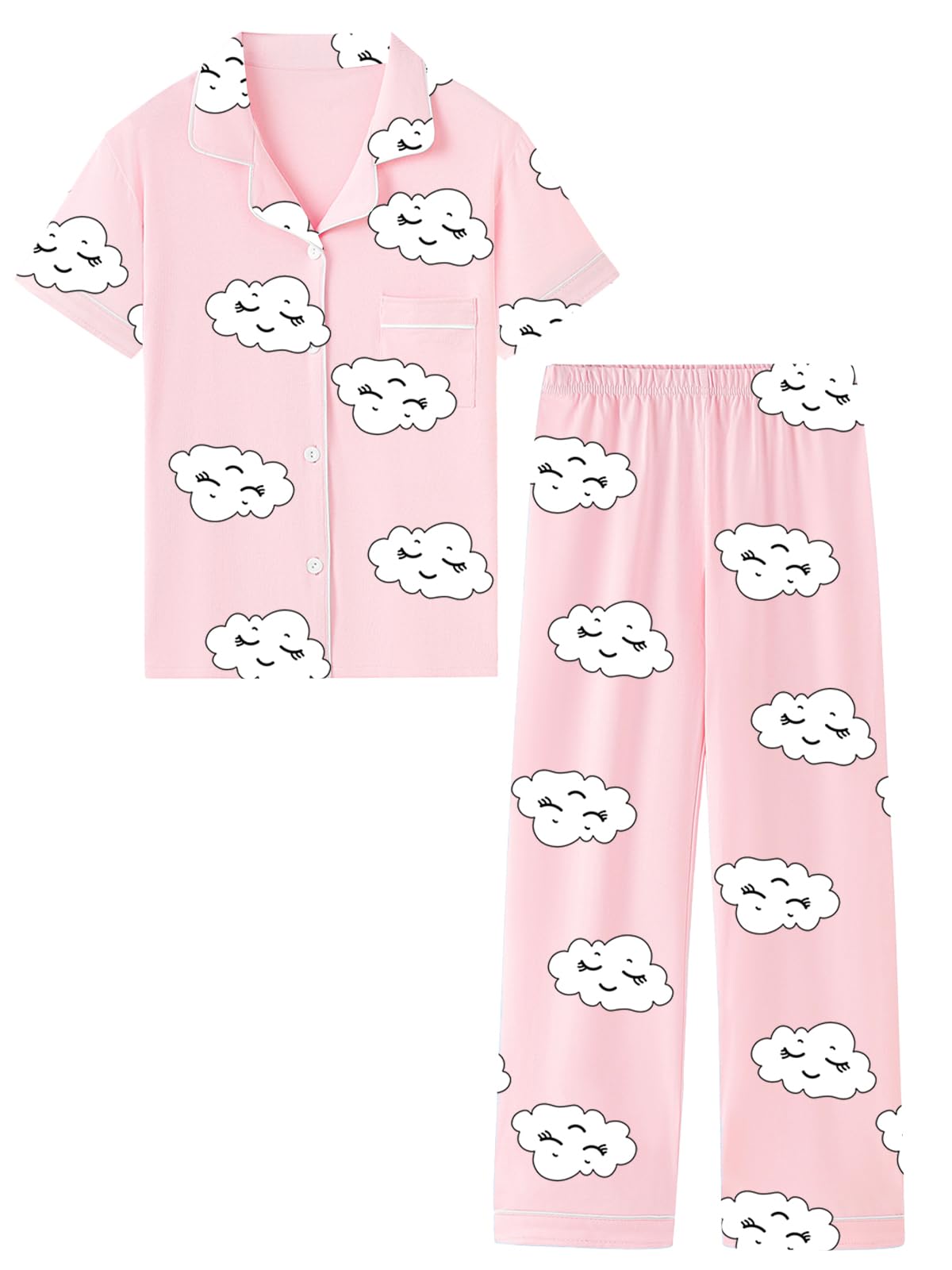 QZH.DUAO Girls Cotton Short Sleeves and Long Pants Pajama Set, 5-14 Years