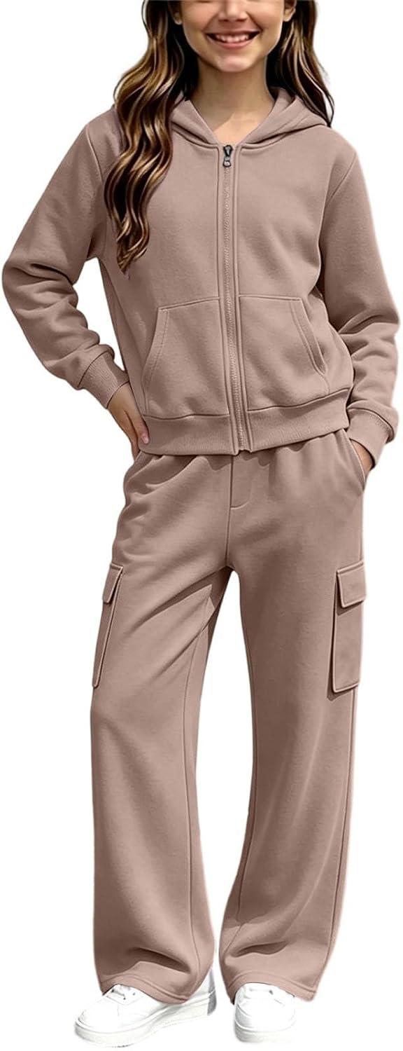 Girls Sweatsuit Fall Winter Zip Up Hoodie And Cargo Sweatpant Set Cozy Wear