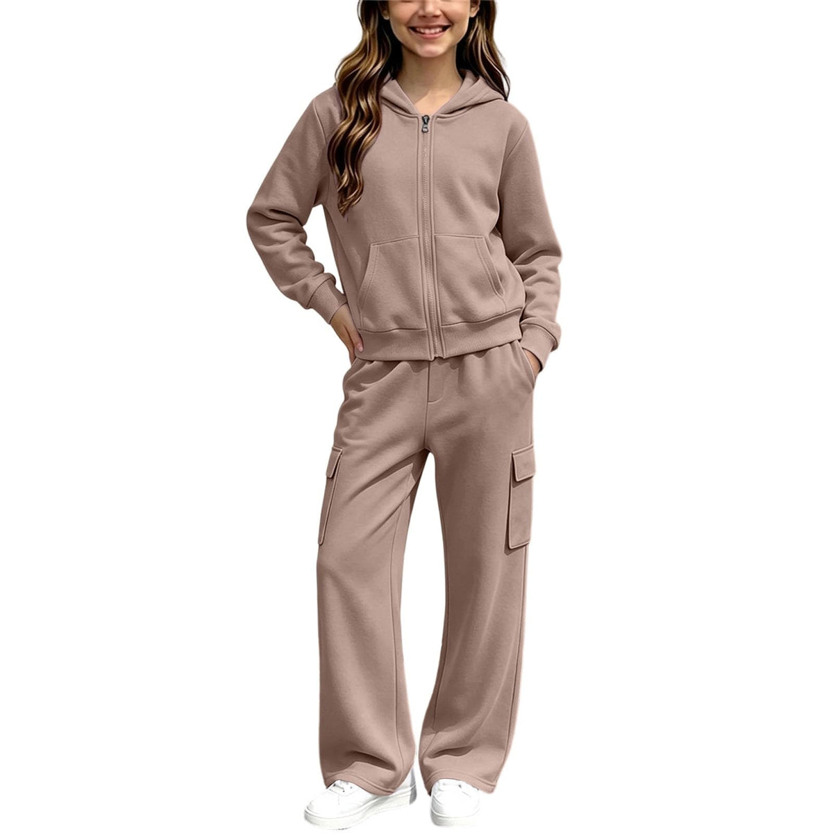 Girls Sweatsuit Fall Winter Zip Up Hoodie And Cargo Sweatpant Set Cozy Wear