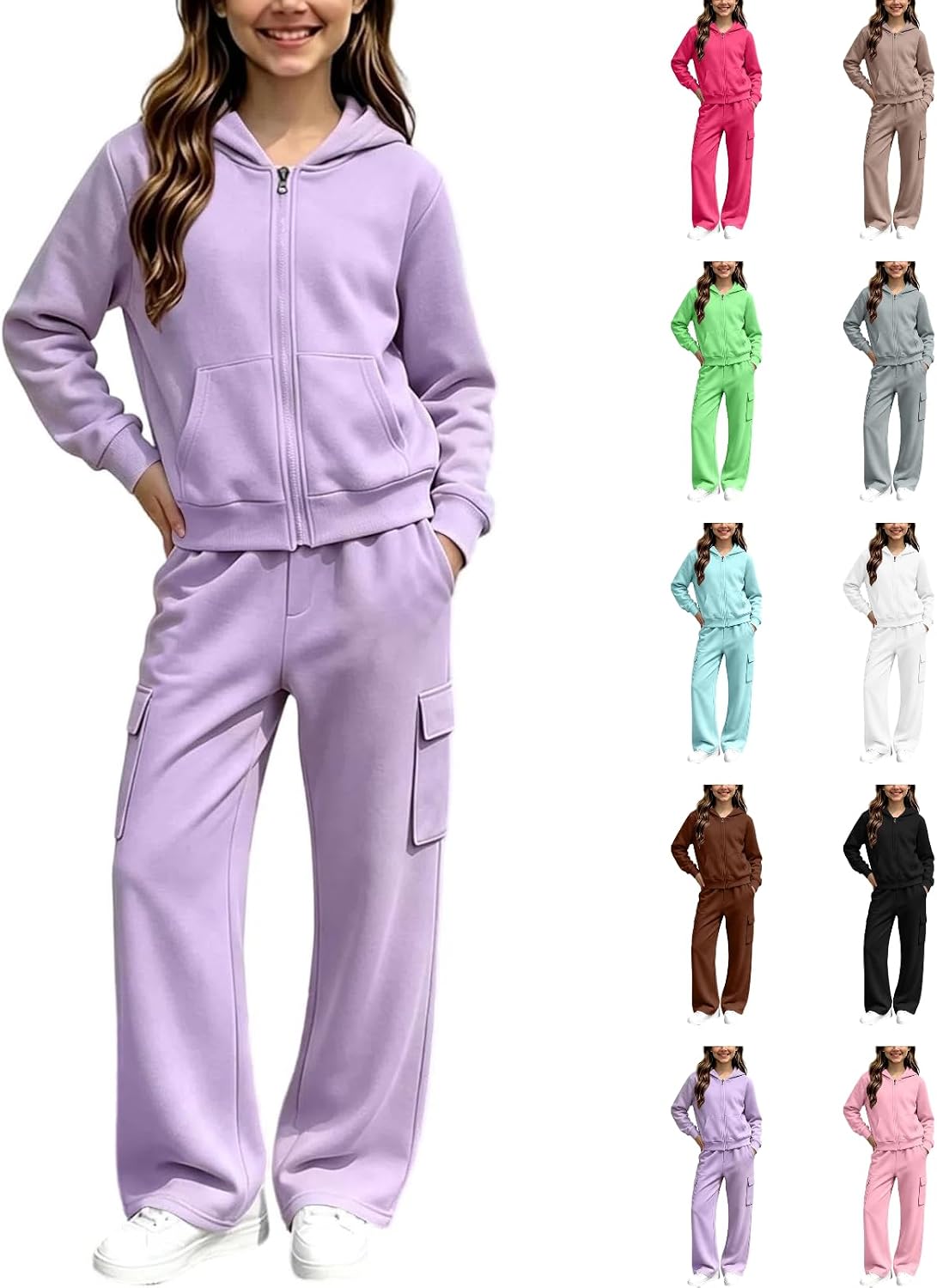 Girls Sweatsuit Fall Winter Kid Zip Up Hoodie And Cargo Sweatpants Set