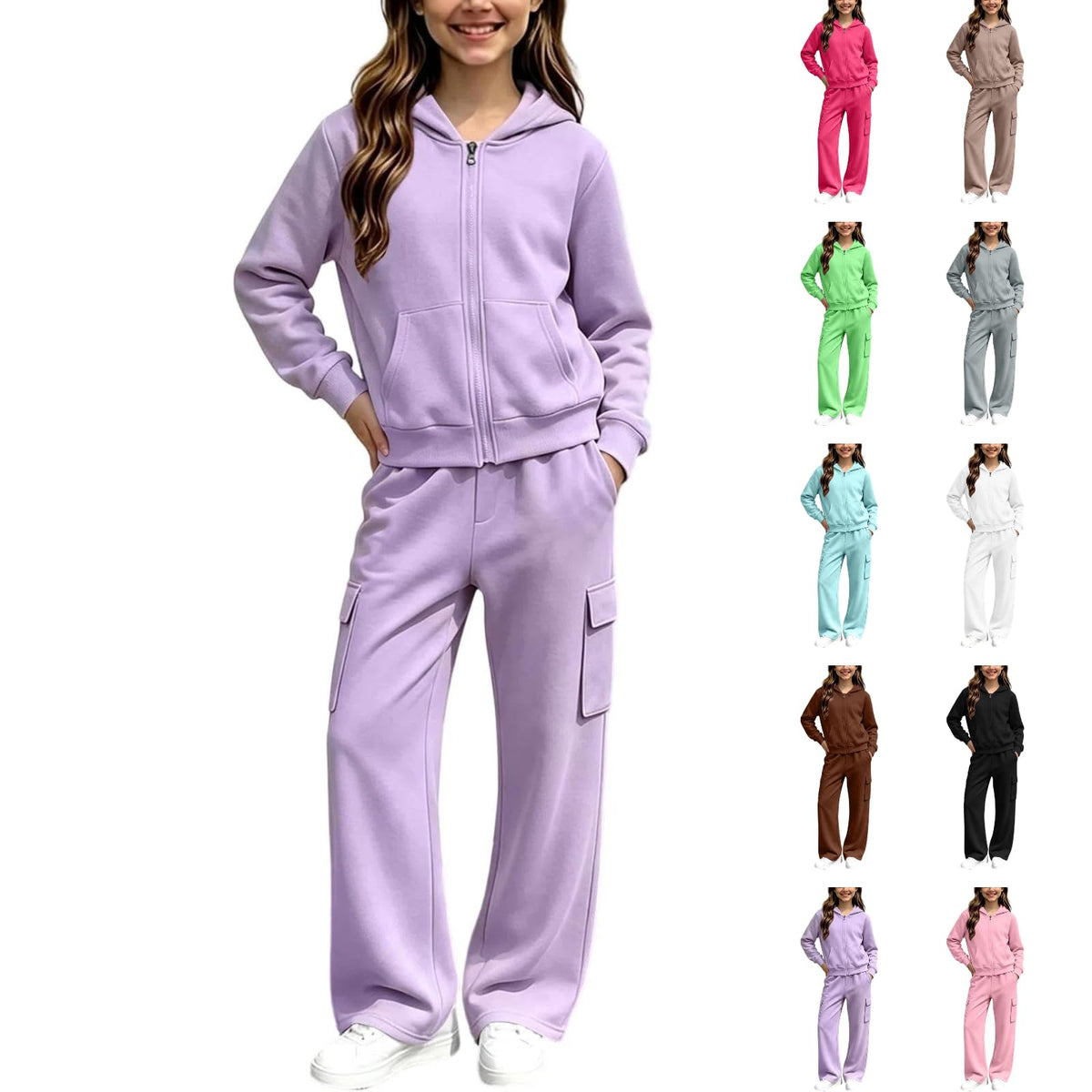 Girls Sweatsuit Fall Winter Kid Zip Up Hoodie And Cargo Sweatpants Set