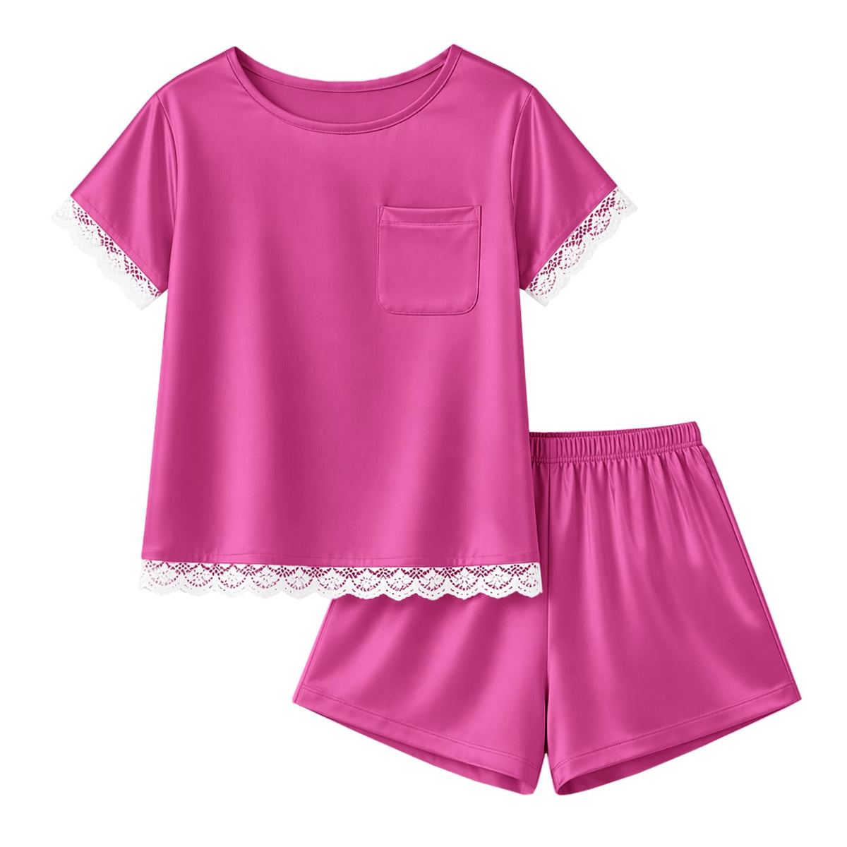 rrhss Girls Silk Satin Pajamas Kids Lace Trim Short Sleeve Shirt and Shorts Pajama Set Pjs Sleepwear 5-14Y