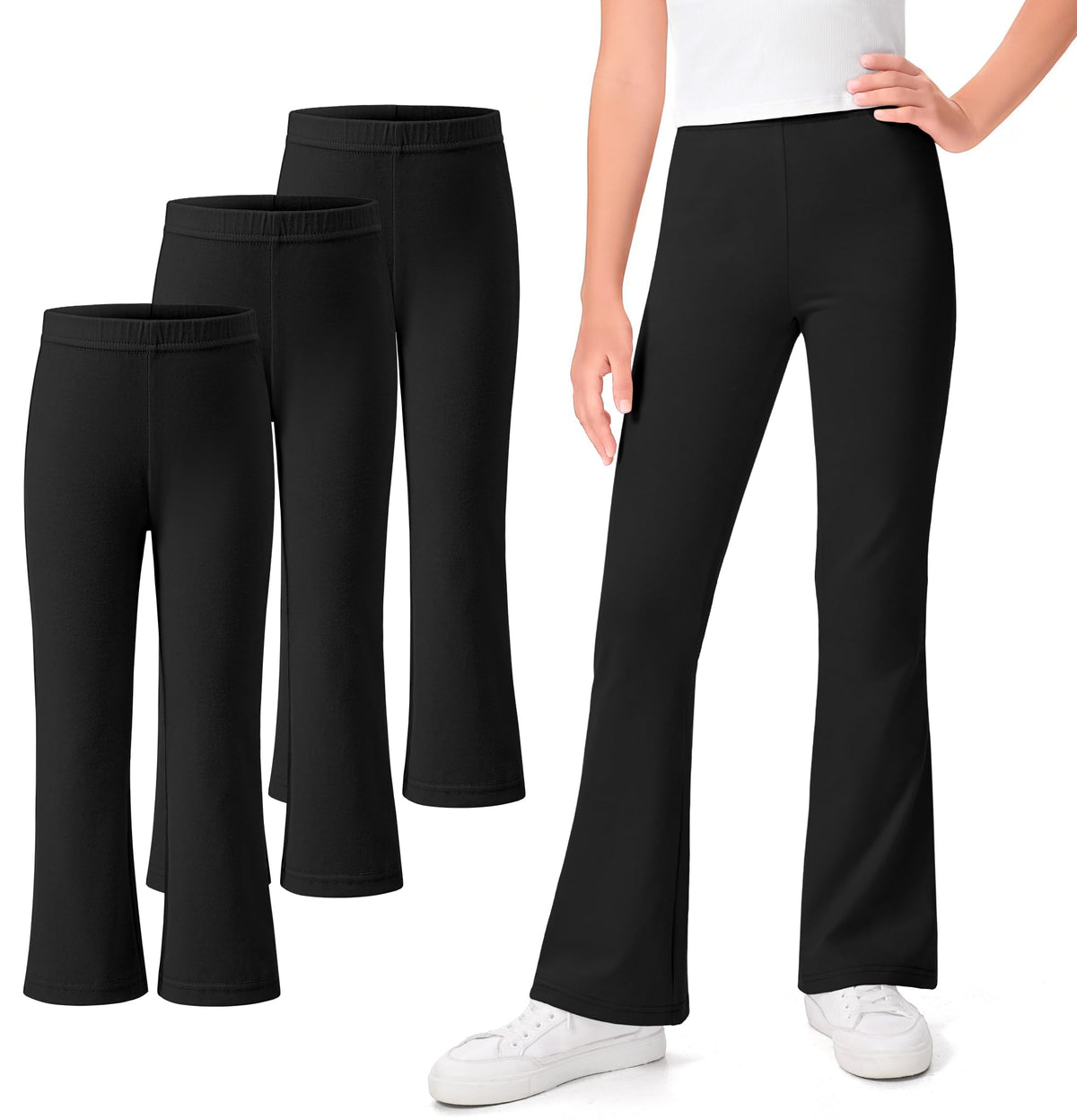 KEREDA 3 Pack School Uniform Pants for Girls Flare Bell Bottoms Leggings