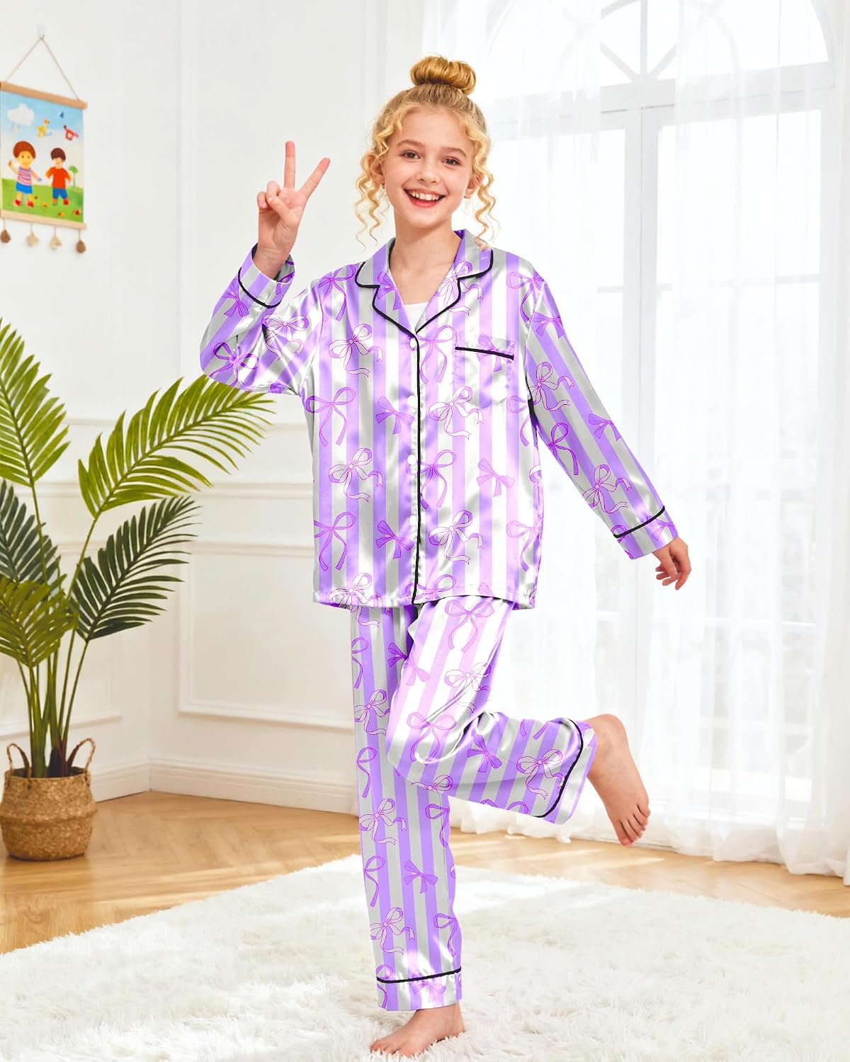 Sylfairy Girls Pajamas Silk PJS Set Satin Sleepwear Long Sleeve Jammies for Kids Button-Down Nightwear Loungewear 3-16 Years