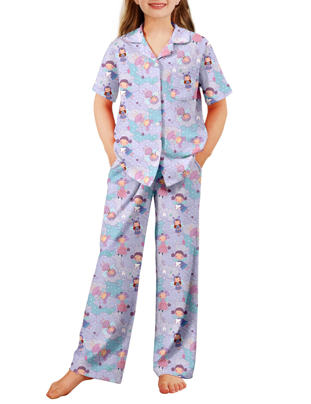 Arshiner Pajamas for Girls Short Sleeve Long Pants Sleepwear Button Pjs Set