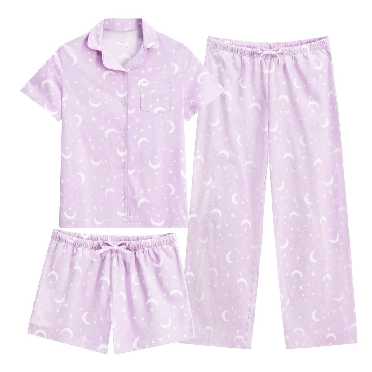 US Angels Girls Pajama Set 3 Piece, Short Sleeve Button Down PJs with Shorts & Pants, Soft Sleepwear Girls & Tweens Size 5-16
