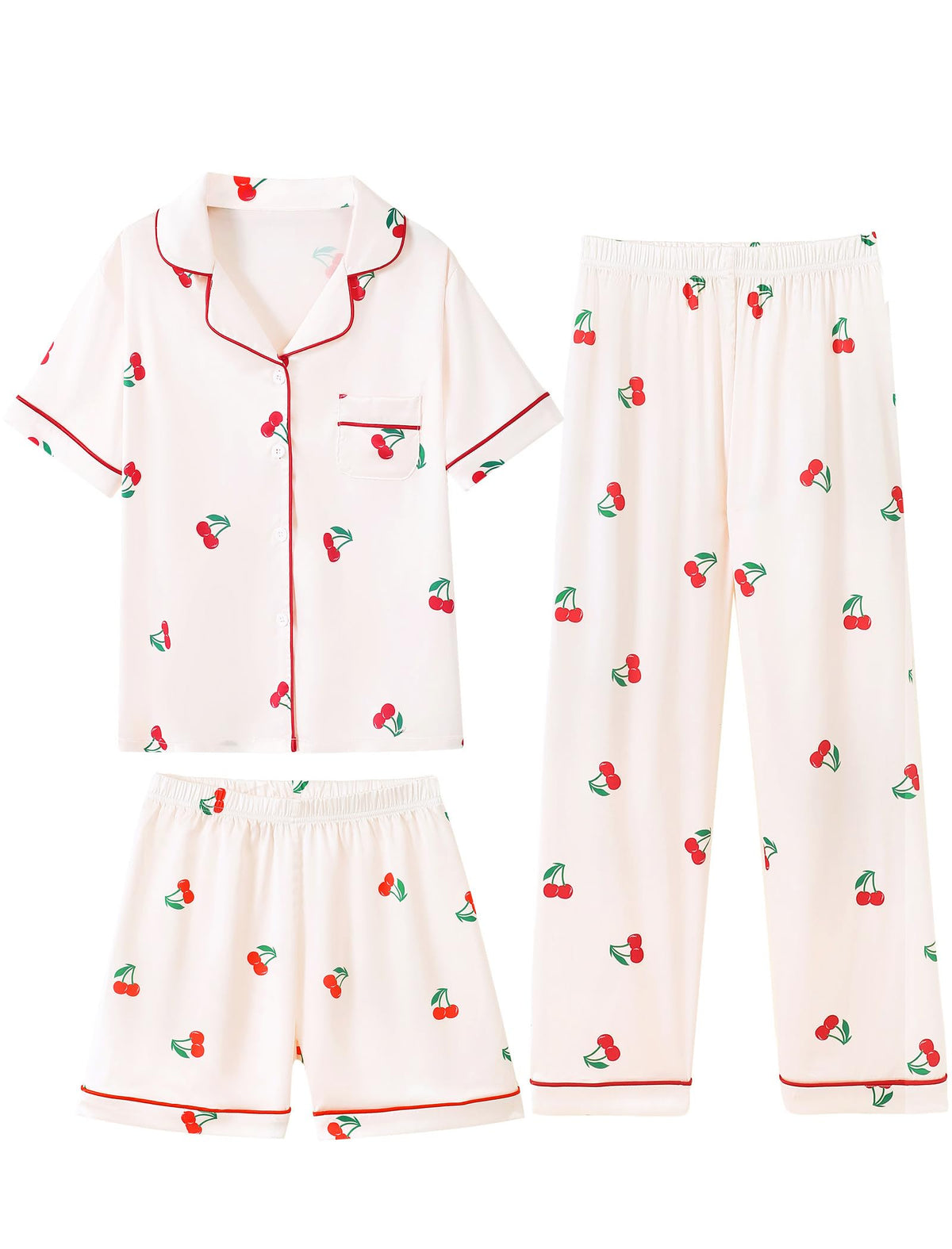 Mikrdoo 3 Piece Girls Silk Satin Pajamas Set Soft Lightweight Button Down Pjs Sleepwear for Kids Size 6-16 Years