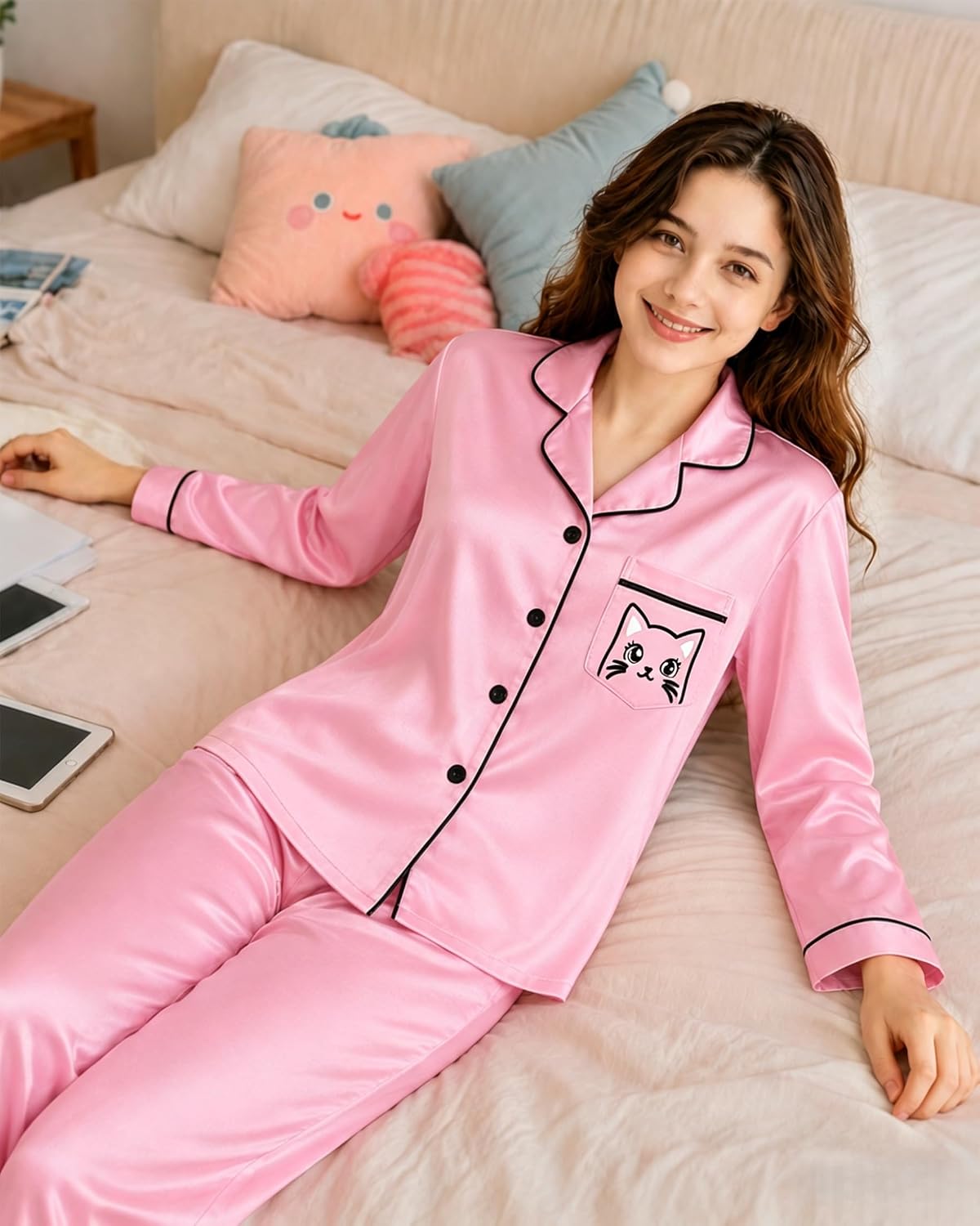 Mikrdoo Girls Silk Pajamas 2 Piece PJs Sets Kids Satin Slpeepwear 3-14Y