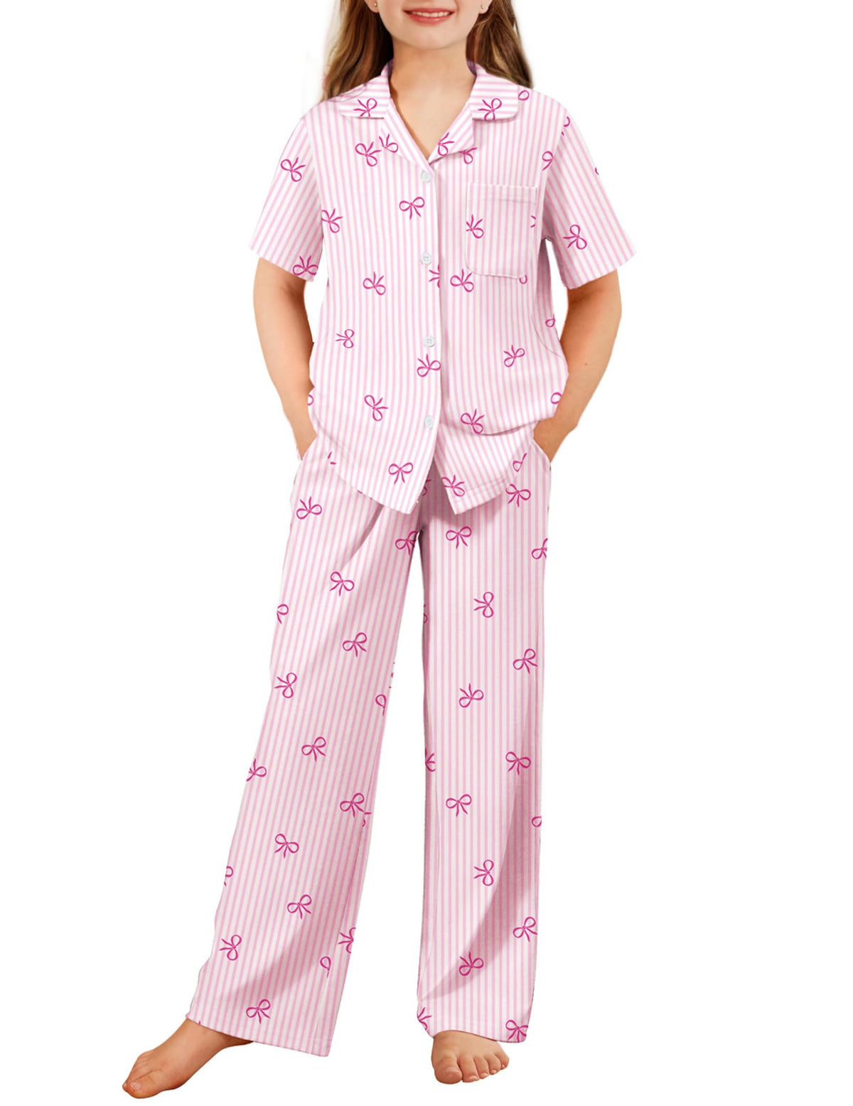 Arshiner Pajamas for Girls Short Sleeve Long Pants Sleepwear Button Pjs Set