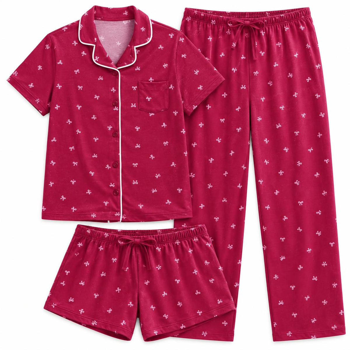 US Angels Girls Pajama Set 3 Piece, Short Sleeve Button Down PJs with Shorts & Pants, Soft Sleepwear Girls & Tweens Size 5-16