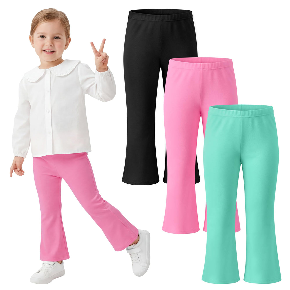 Poroka 3 Pack Toddler Girls Flare Pants Cotton Soft Flare Leggings Pants