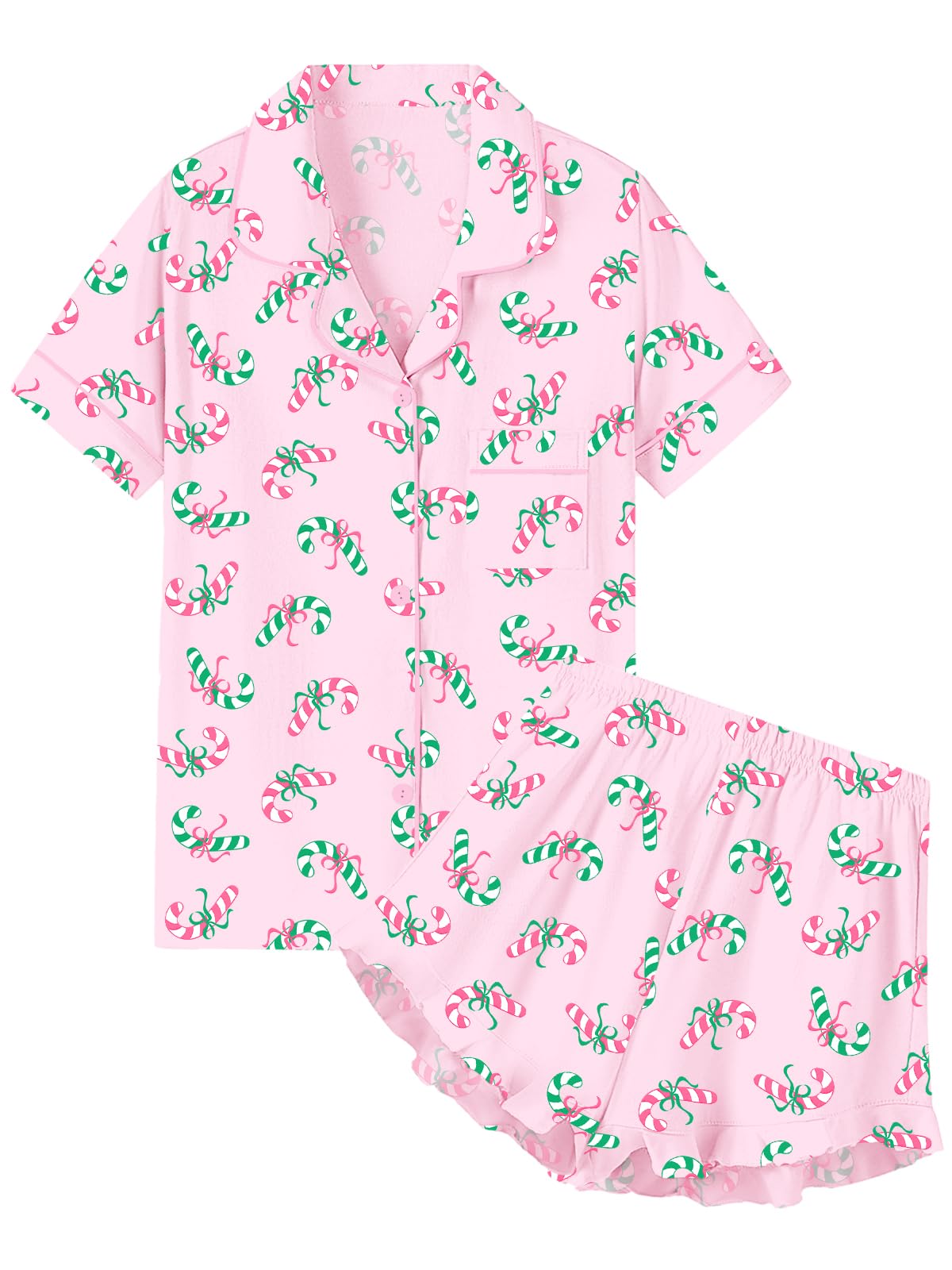 QZH.DUAO Girls & Women Pajama Sets Cotton Sleepwear Button Down Short Sleeve With Ruffle Shorts PJS 5 Years-Large