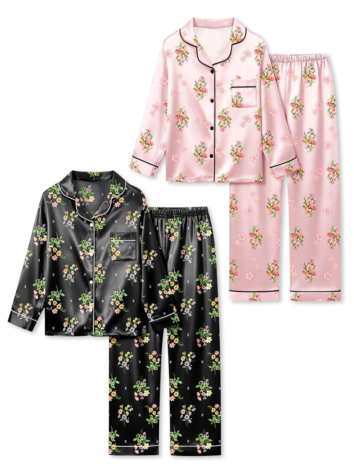 Satin Pajamas for Girls, 4-Piece Long Sleeve Silky Button Down PJ Set