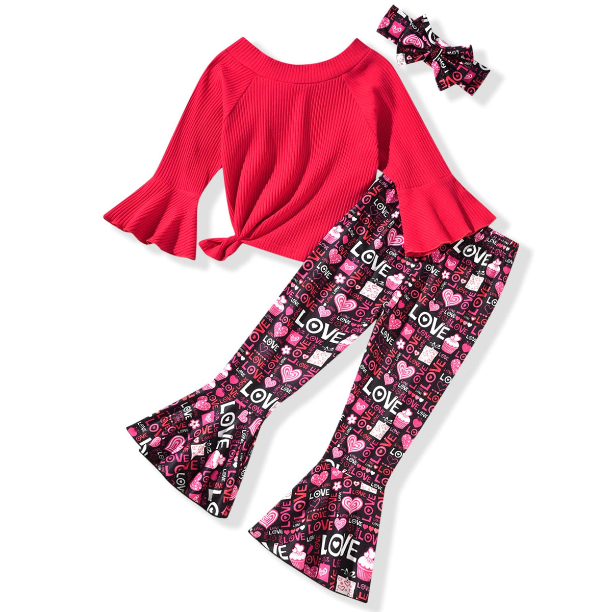 HIHA Toddler Little Girls Long Flare Sleeve Tops Bell Bottom Pants Outfit with Headband