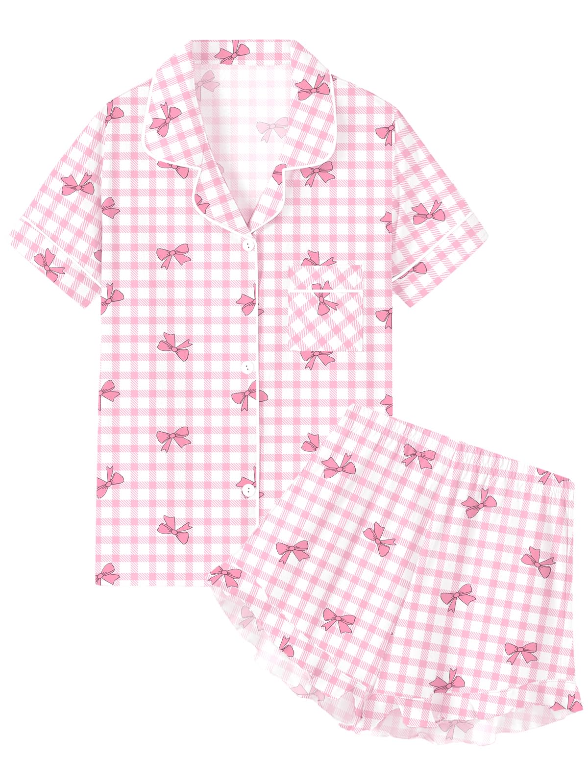 QZH.DUAO Girls & Women Pajama Sets Cotton Sleepwear Button Down Short Sleeve With Ruffle Shorts PJS 5 Years-Large