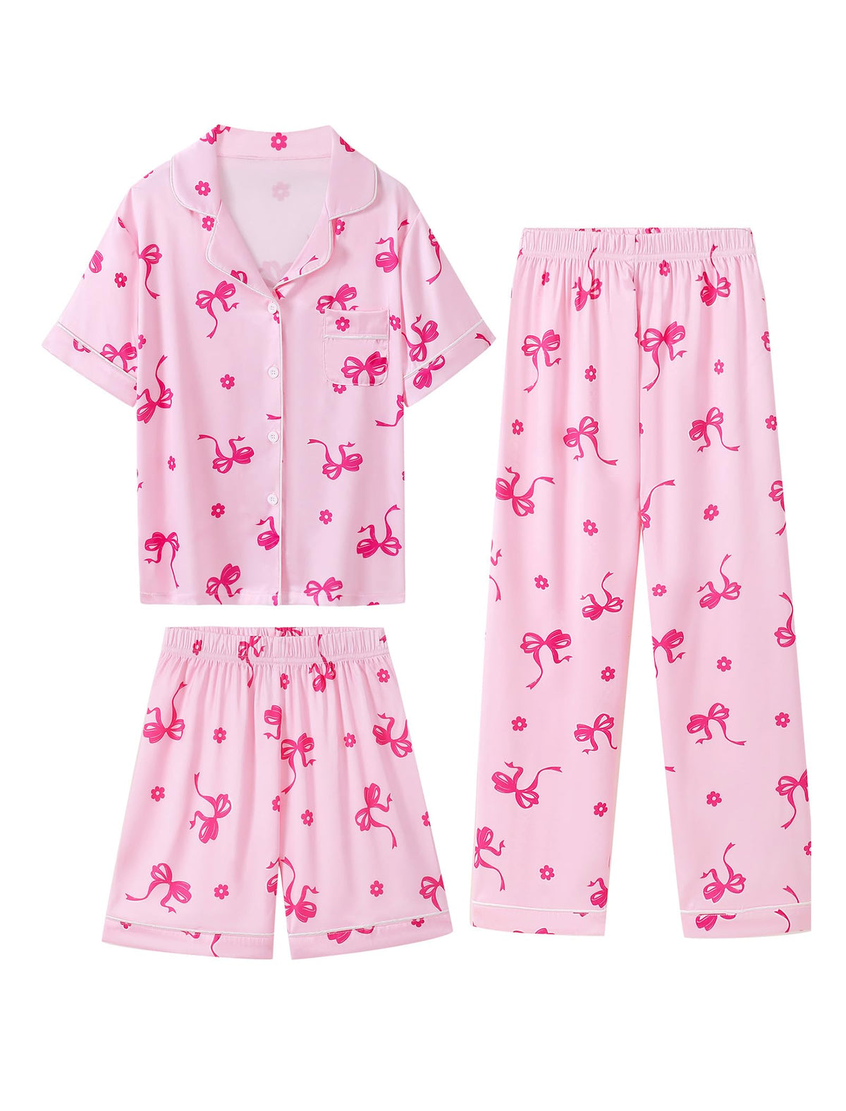 Mikrdoo 3 Piece Girls Silk Satin Pajamas Set Soft Lightweight Button Down Pjs Sleepwear for Kids Size 6-16 Years
