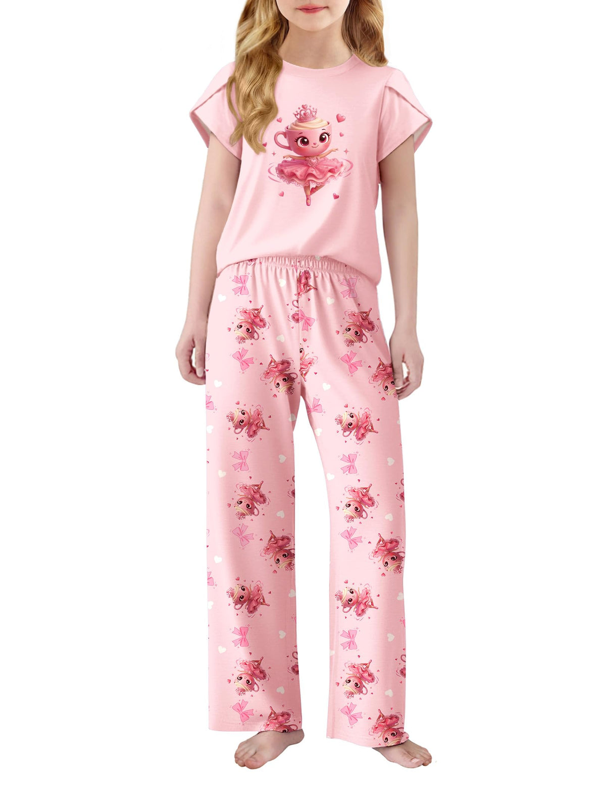 Arshiner Pajamas for Girls Short Sleeve Long Pants Pjs Cute Soft Lounge