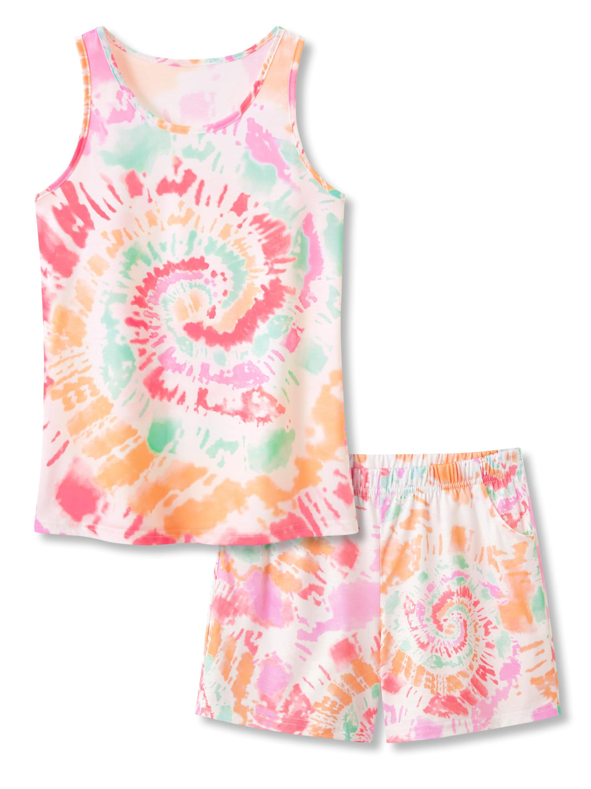Beezizac Girls Pajamas Neon Tie Dye Spiral Capybara Smiling Face Print T-shirt & Shorts 2-Piece Soft PJ Set Size 6-18