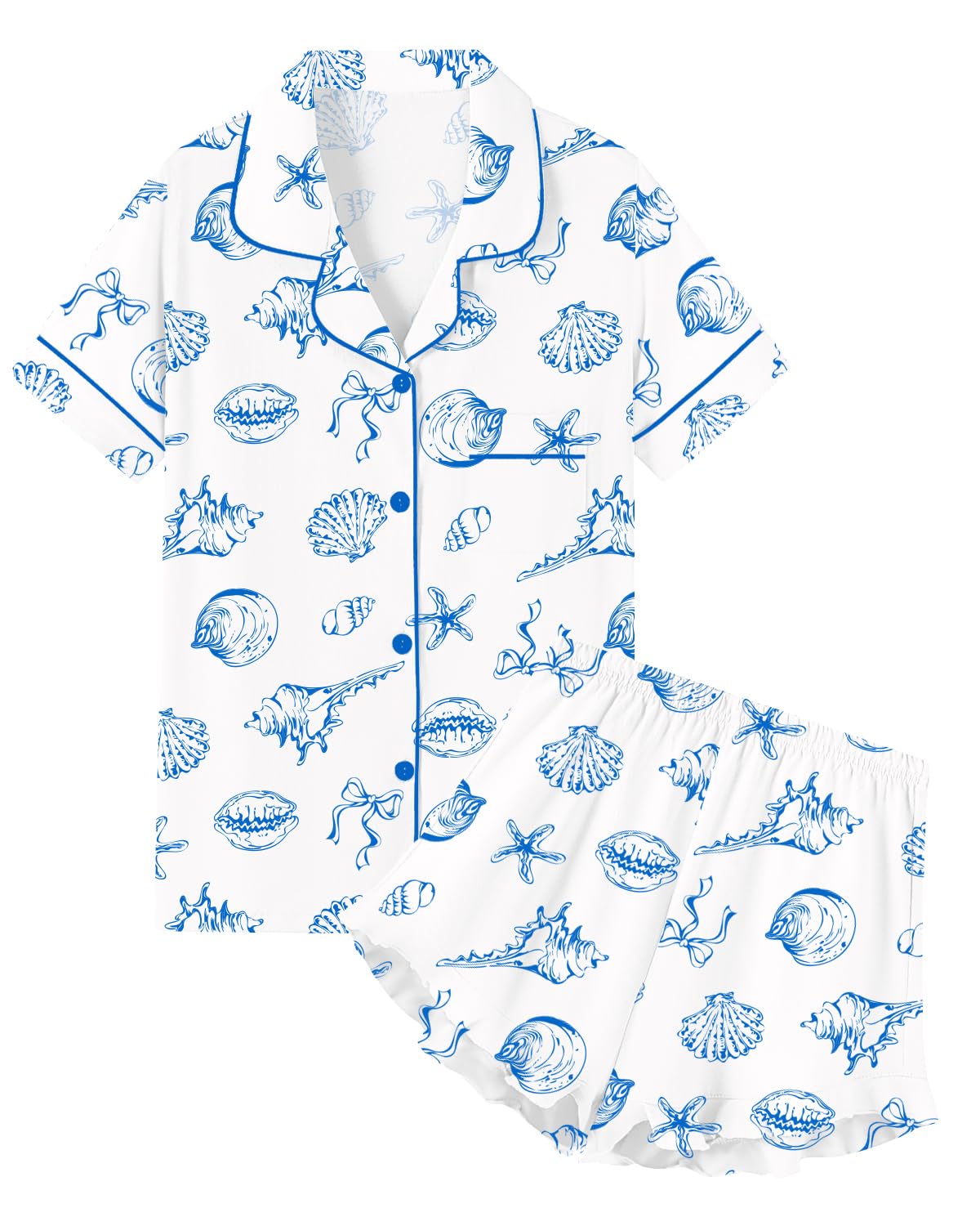 QZH.DUAO Girls & Women Pajama Sets Cotton Sleepwear Button Down Short Sleeve With Ruffle Shorts PJS 5 Years-Large