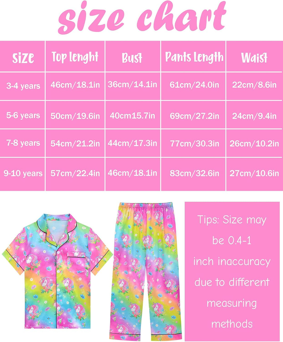 Sylfairy Girls Satin Pajamas Silk PJS Set Rainbow Unicorn Sleepwear Short Sleeve Long Pants Jammies for Toddler Kids