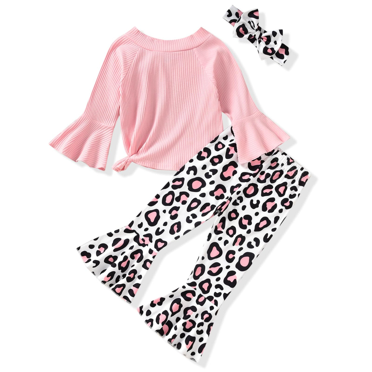 HIHA Toddler Little Girls Long Flare Sleeve Tops Bell Bottom Pants Outfit with Headband