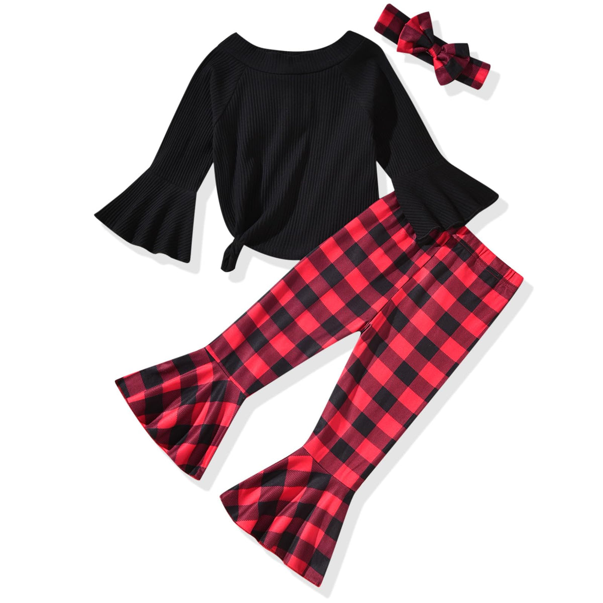 HIHA Toddler Little Girls Long Flare Sleeve Tops Bell Bottom Pants Outfit with Headband