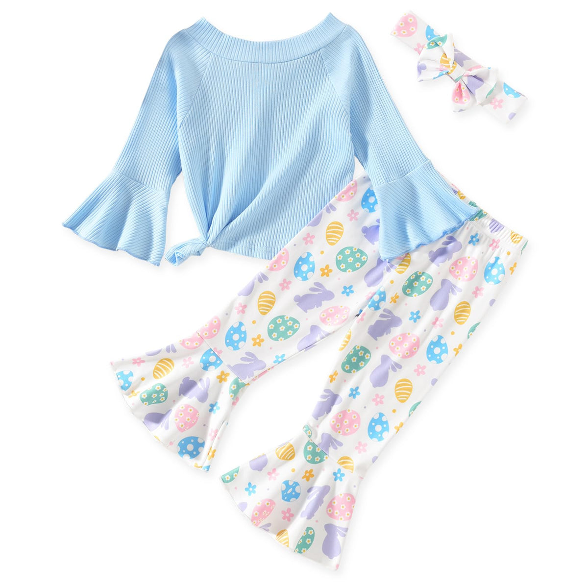 HIHA Toddler Little Girls Long Flare Sleeve Tops Bell Bottom Pants Outfit with Headband