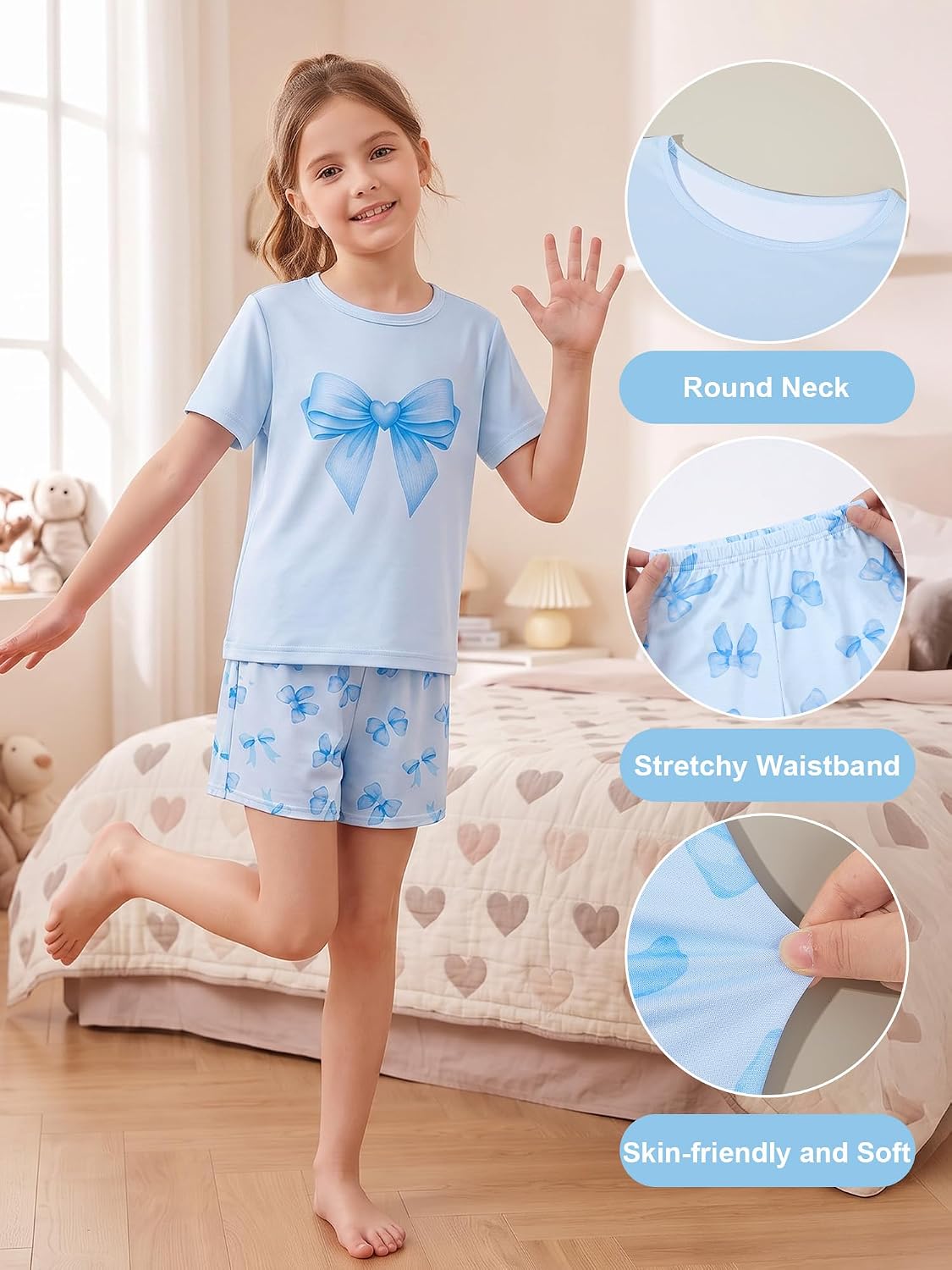 MHJY Girls Pajama Set 2-Piece Short Sleeve Soft Summer Sleepwear for Kids