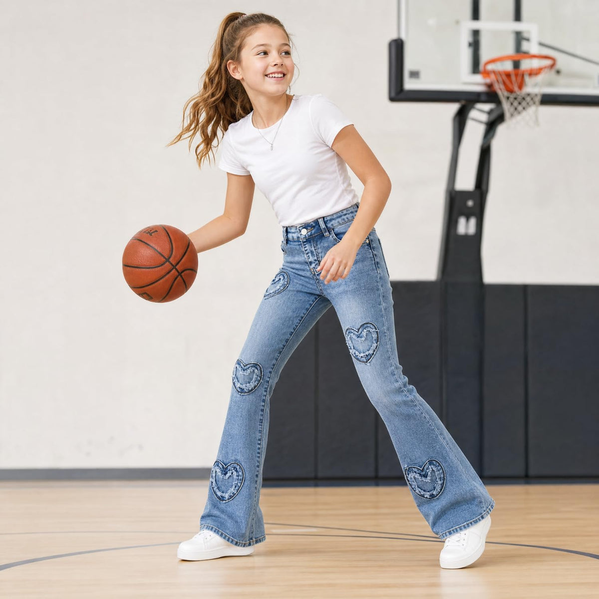 Girls Baggy Ripped Jeans Wide Straight Leg High Waisted Denim Pants 7-14Y