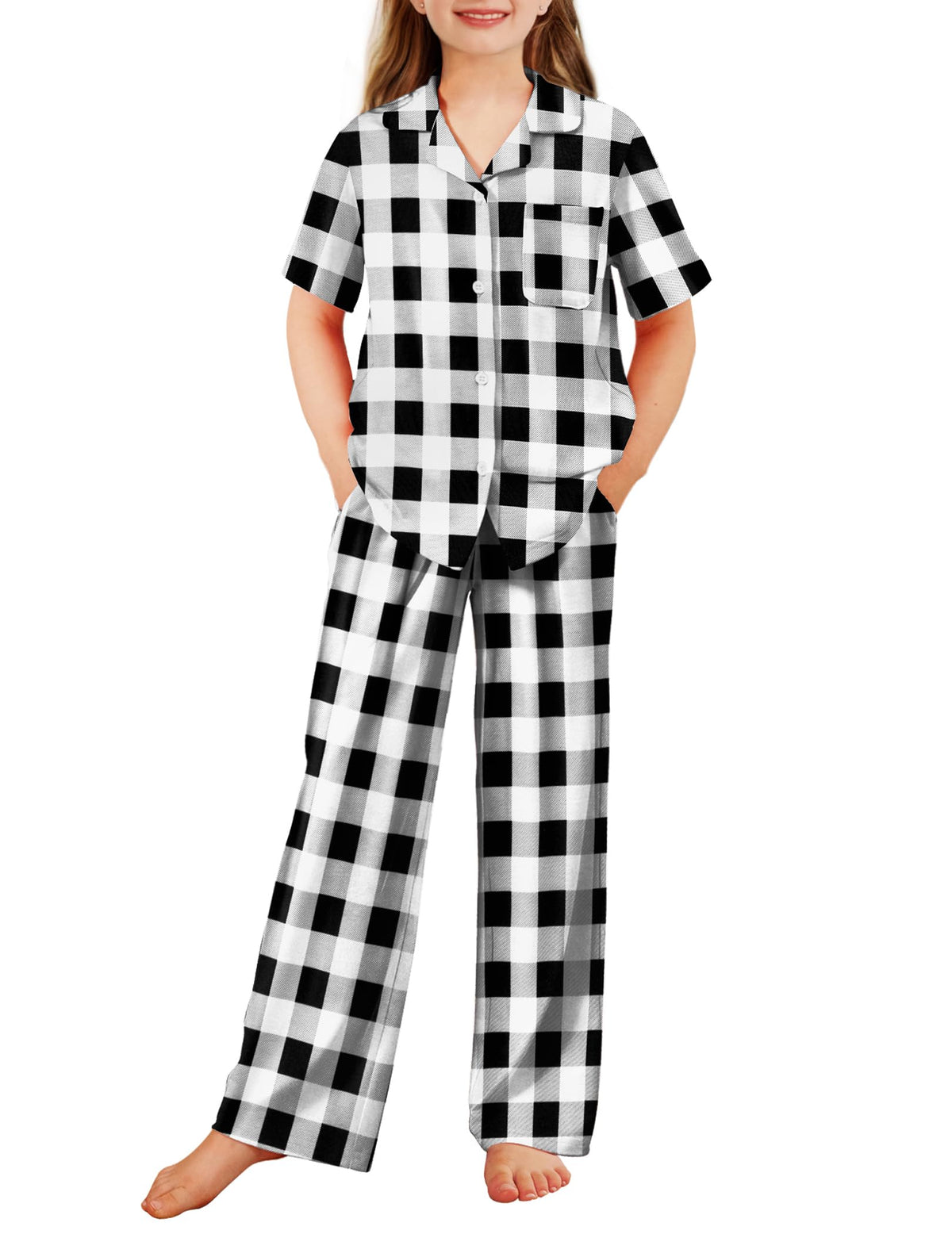 Arshiner Pajamas for Girls Short Sleeve Long Pants Sleepwear Button Pjs Set