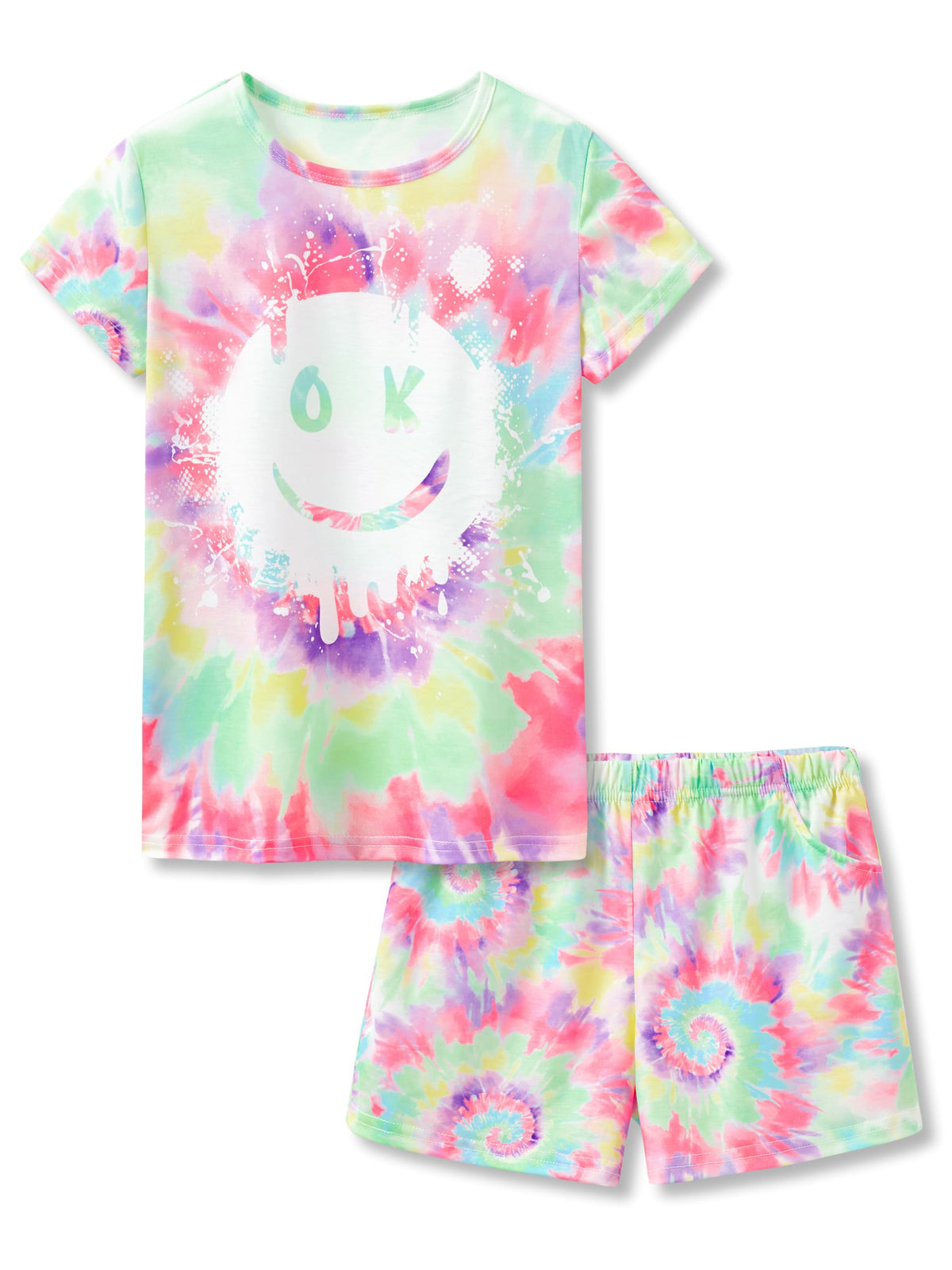 Beezizac Girls Pajamas Neon Tie Dye Spiral Capybara Smiling Face Print T-shirt & Shorts 2-Piece Soft PJ Set Size 6-18
