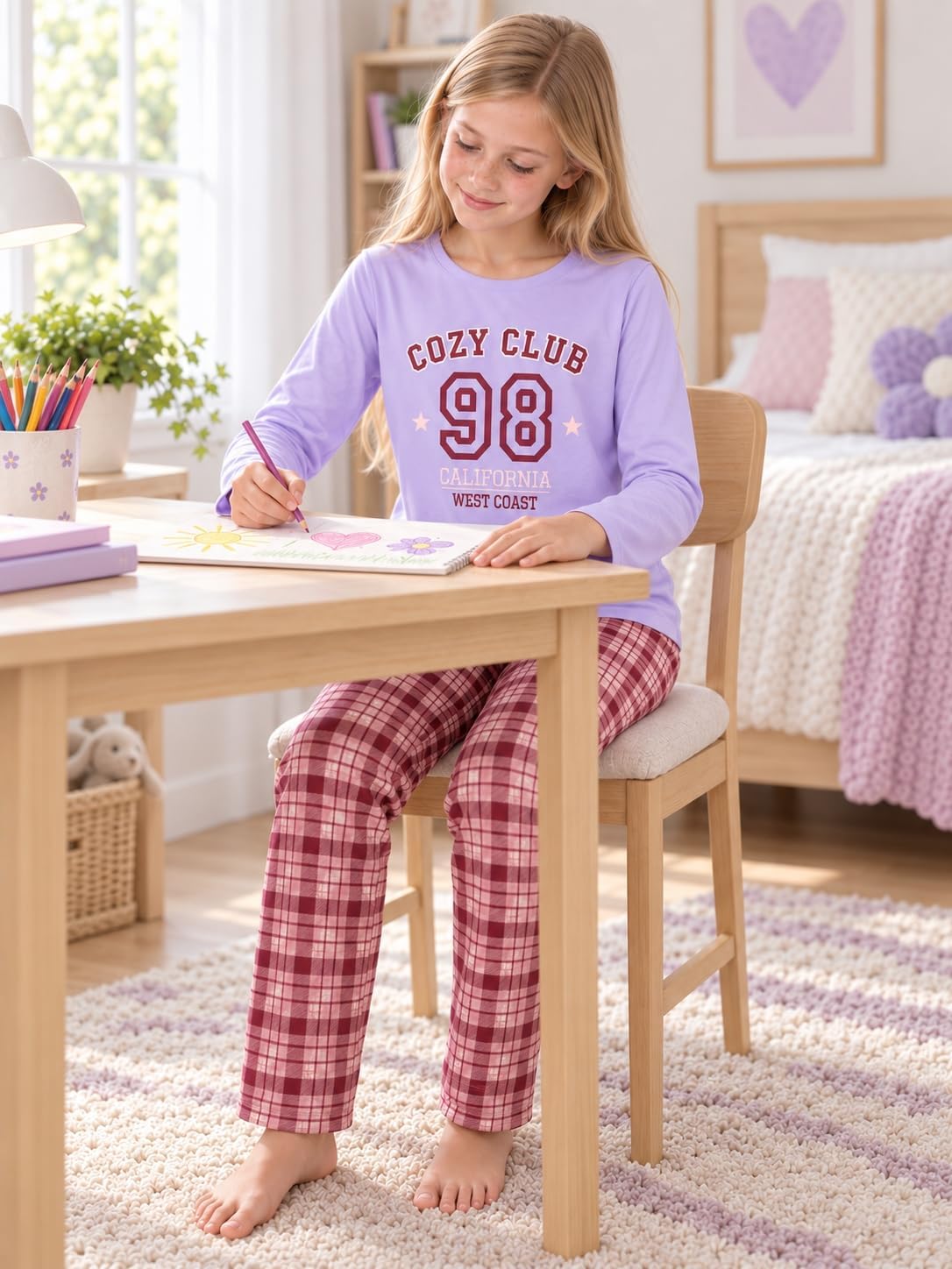 Tebbis Girls Long Sleeve Pants 2 Piece Trendy Print Pajama Set Size 6-18