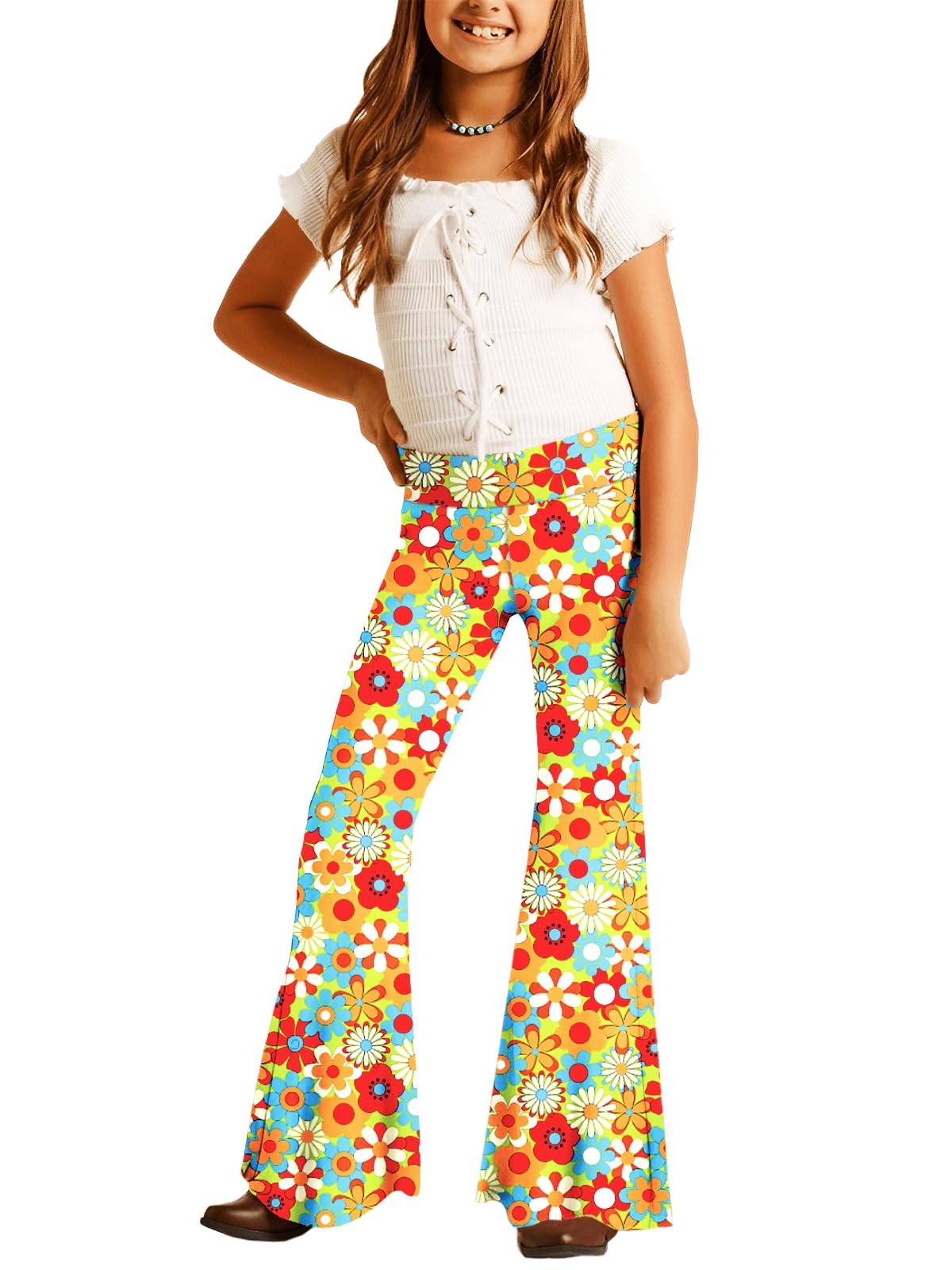 Deerose Girls Halloween Hippie Bell Bottom Pants High Waist Flare Pants 5-14 Years