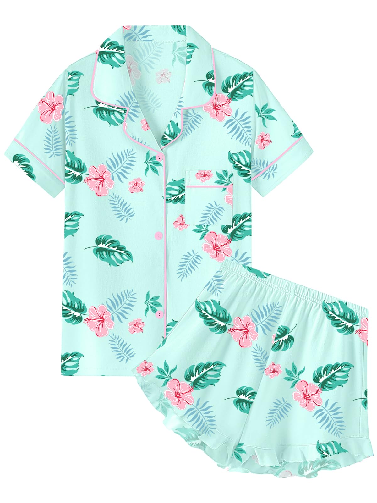 QZH.DUAO Girls & Women Pajama Sets Cotton Sleepwear Button Down Short Sleeve With Ruffle Shorts PJS 5 Years-Large