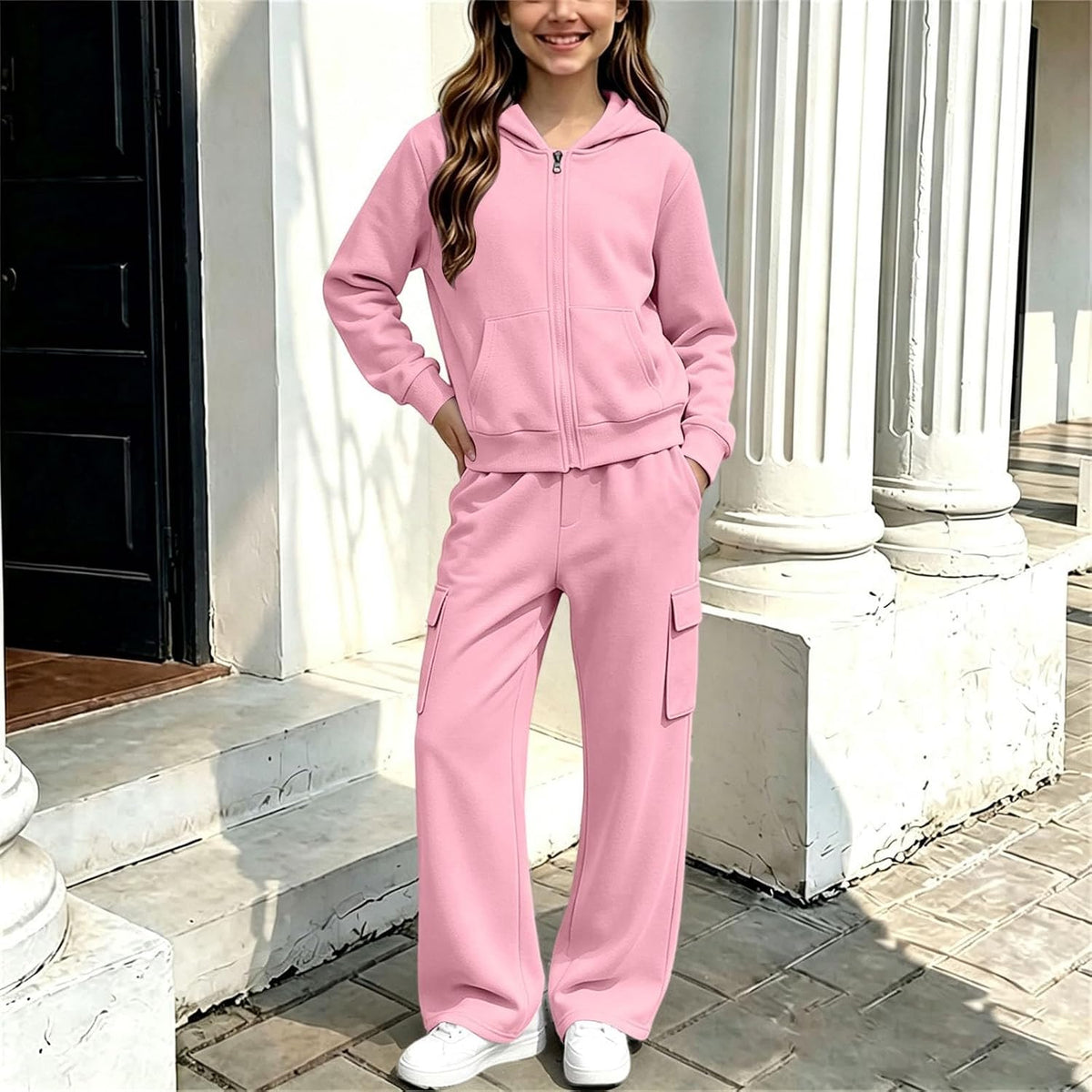 Girls Sweatsuit Fall Winter Zip Up Hoodie And Cargo Sweatpant Set Cozy Wear