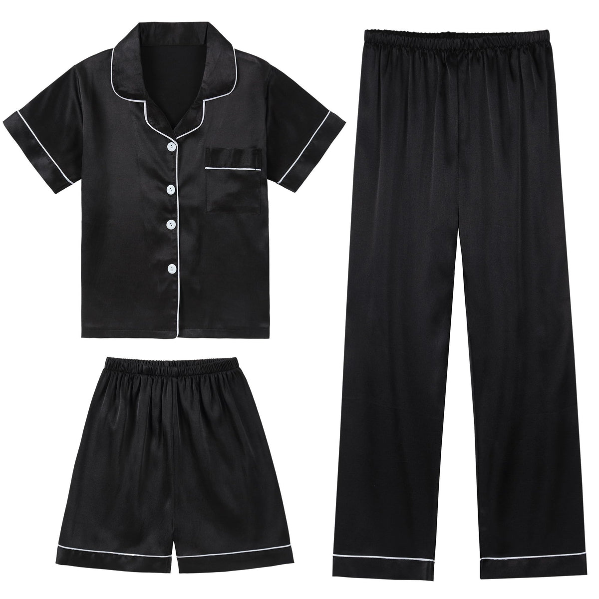DIPUG Girls Pajamas 3 Pcs Satin PJs Set Silky Soft Sleepwear for Ages 4-13