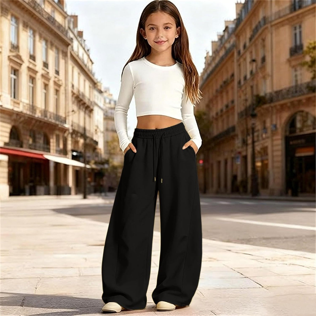 Girls Sweatpants Baggy Barrel Wide Leg Pants Drawstring Open Bottom Casual Sweat Trousers with Pockets 5-15 Years
