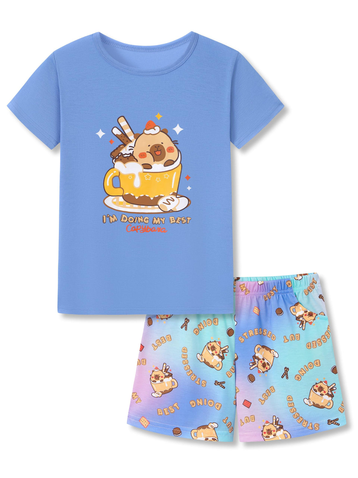 Beezizac Girls Pajamas Neon Tie Dye Spiral Capybara Smiling Face Print T-shirt & Shorts 2-Piece Soft PJ Set Size 6-18
