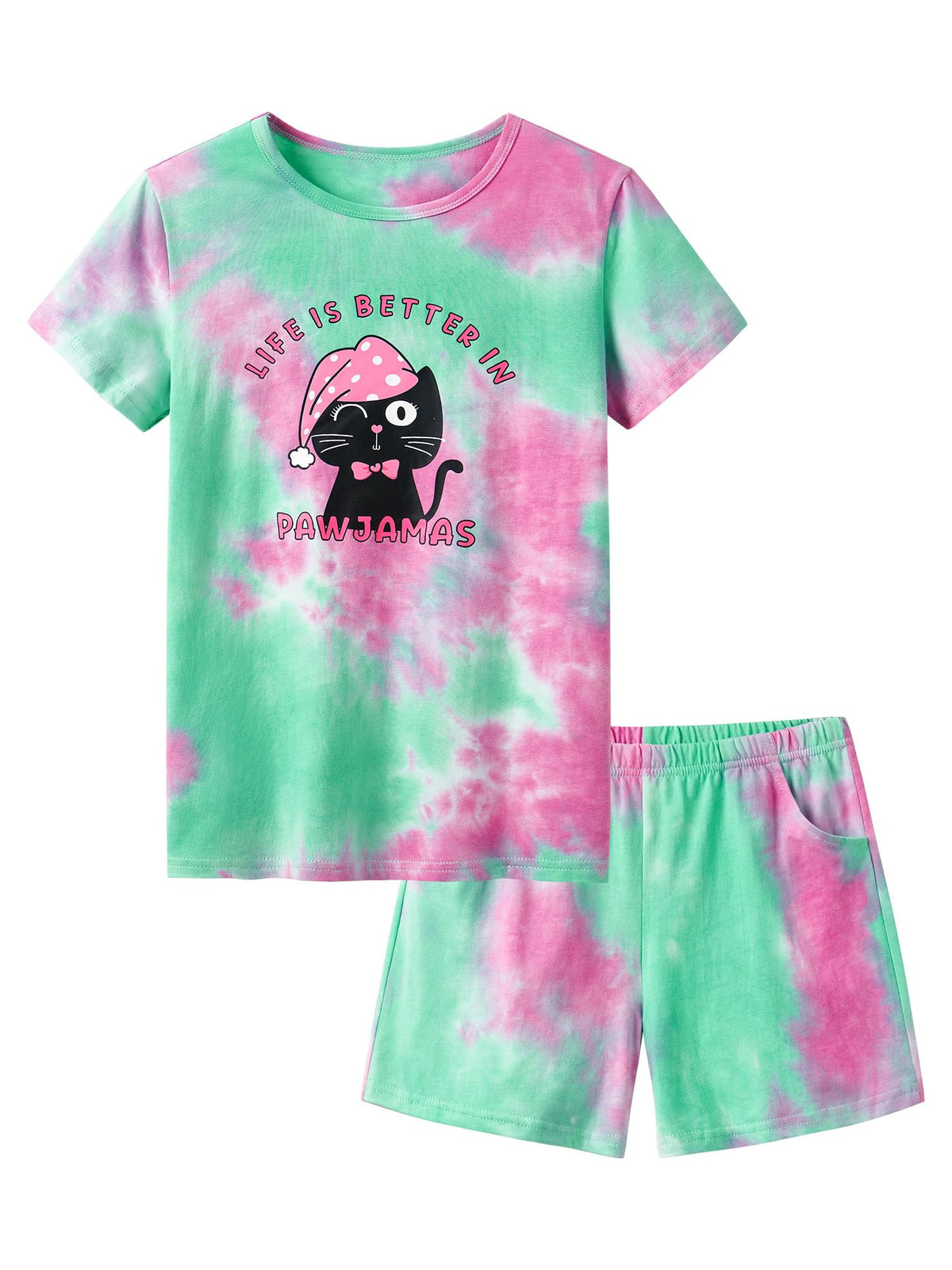 Beezizac Girls' Tie Dye Pajamas, 100% Cotton Sleepover Theme, Size 4T-18