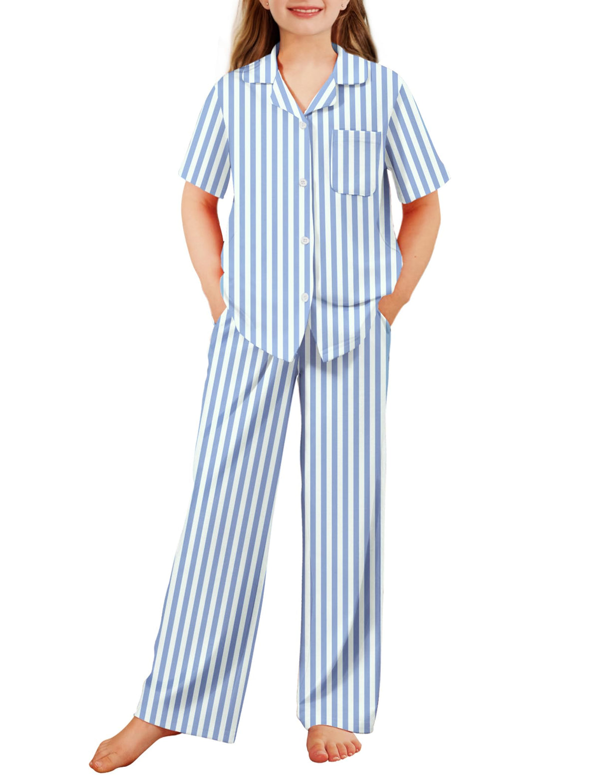 Arshiner Pajamas for Girls Short Sleeve Long Pants Sleepwear Button Pjs Set