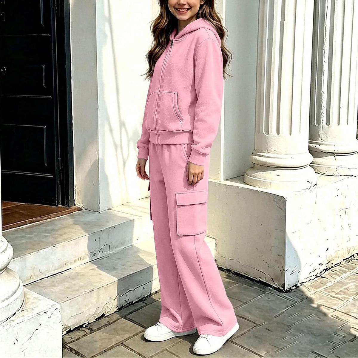 Girls Sweatsuit Fall Winter Zip Up Hoodie And Cargo Sweatpant Set Cozy Wear